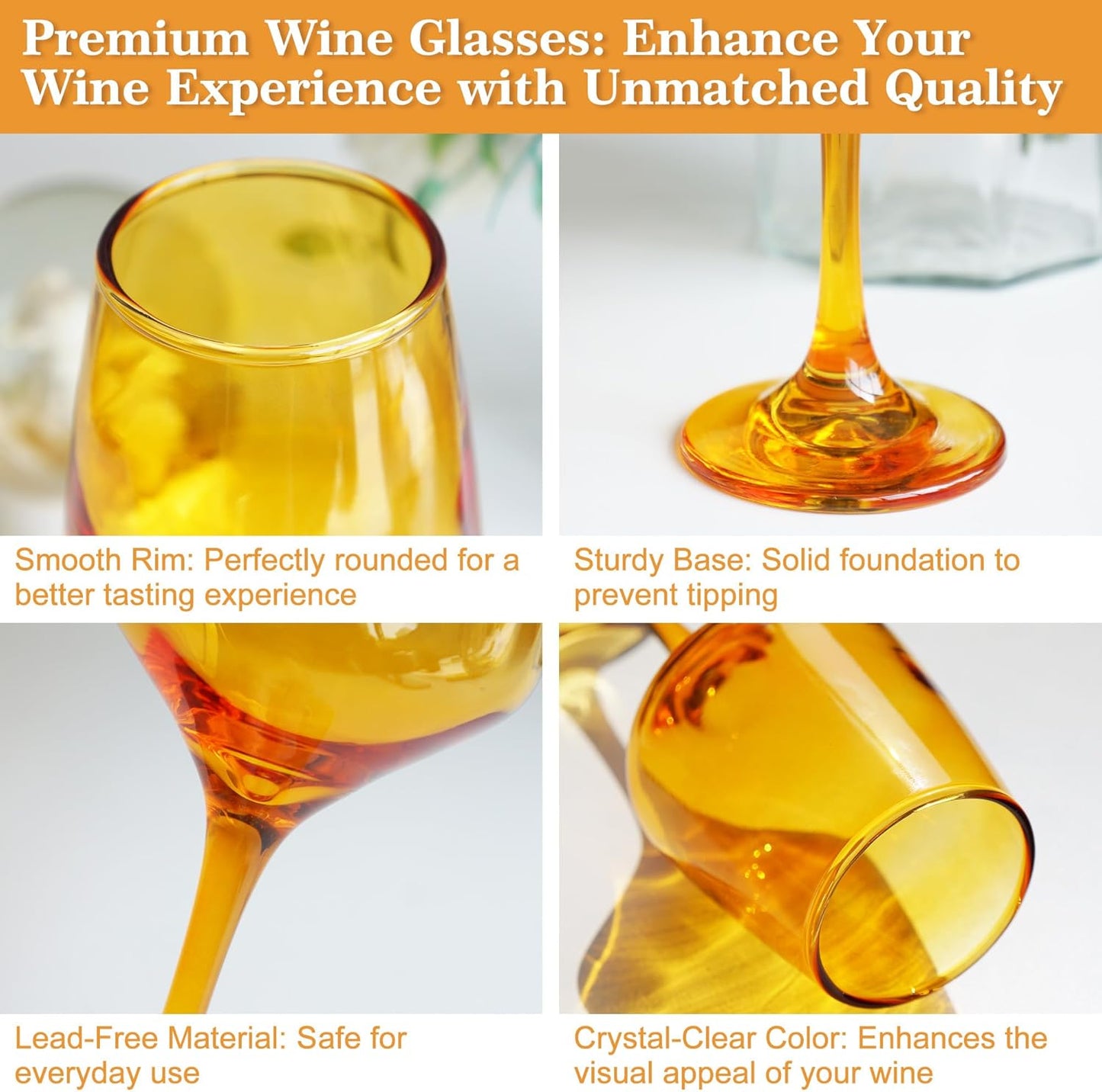 Amber Wine Glasses Set of 6-12oz Amber Long Stem Wine Glass Cups, Pretty Crystal Glassware, Hand Blown Goblets Drinkware, Unique Drinking Stemware Holiday Gift Set