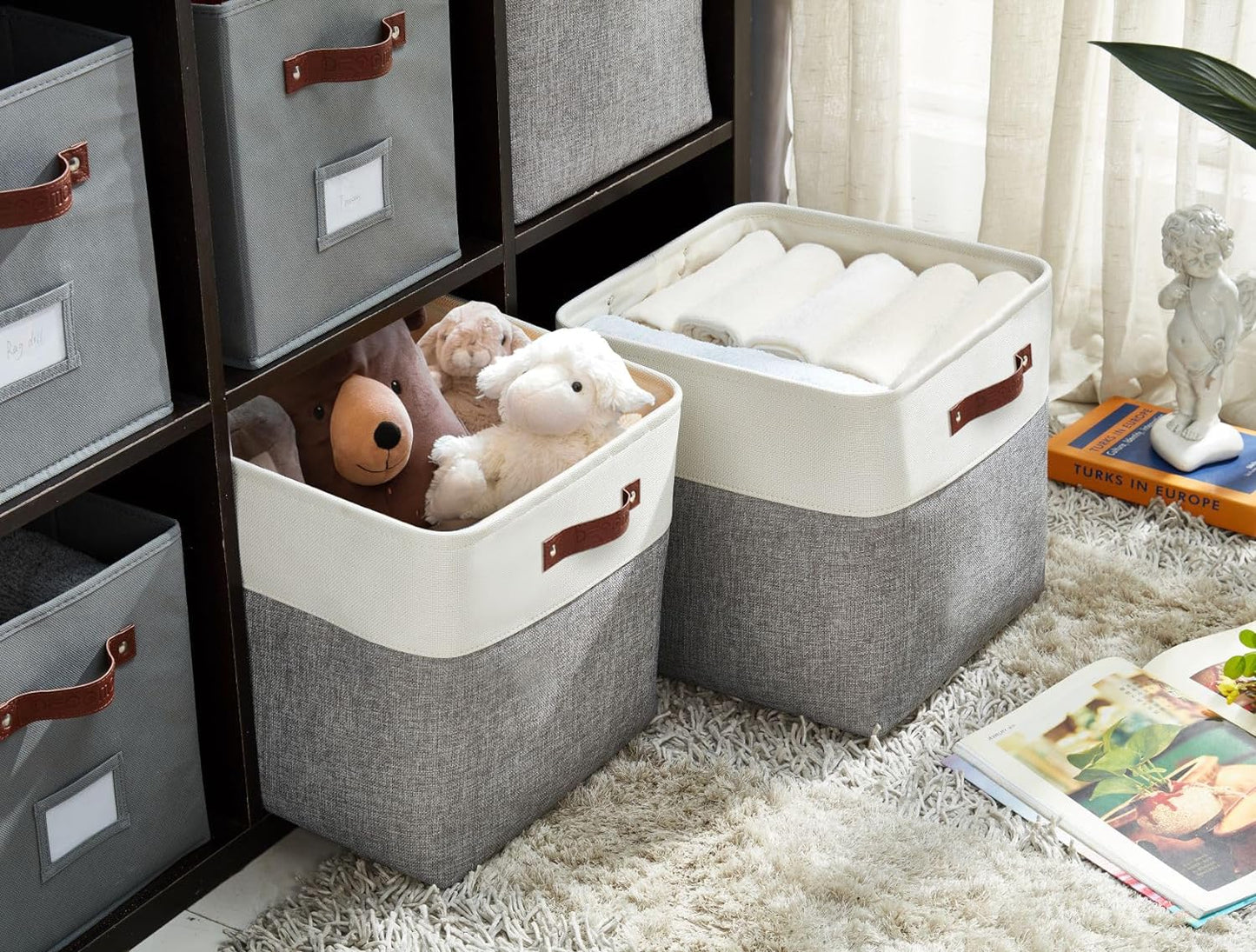 DECOMOMO 13 Inch Cube Storage Bins, Fabric Storage Cube, Basket for Kallax Shelves (Grey & White, 4 Pack)