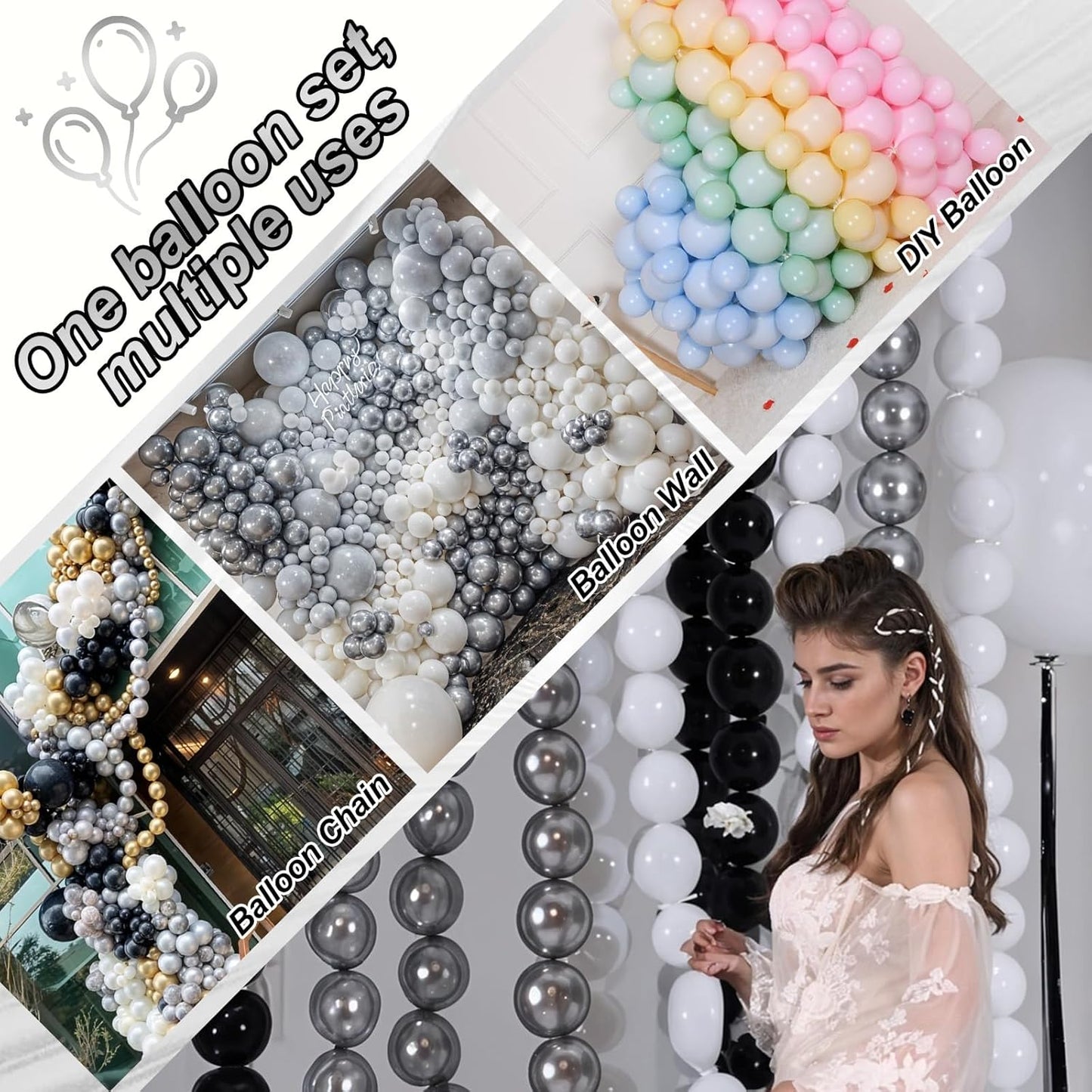 Silver Link Balloons, 60PCS Linking Balloons with Tail for Balloon Wall Arch and Chains, Quick Linkable Balloon for Wedding Birthday Baby Shower Engagement Graduation Party Decorations (6inch)