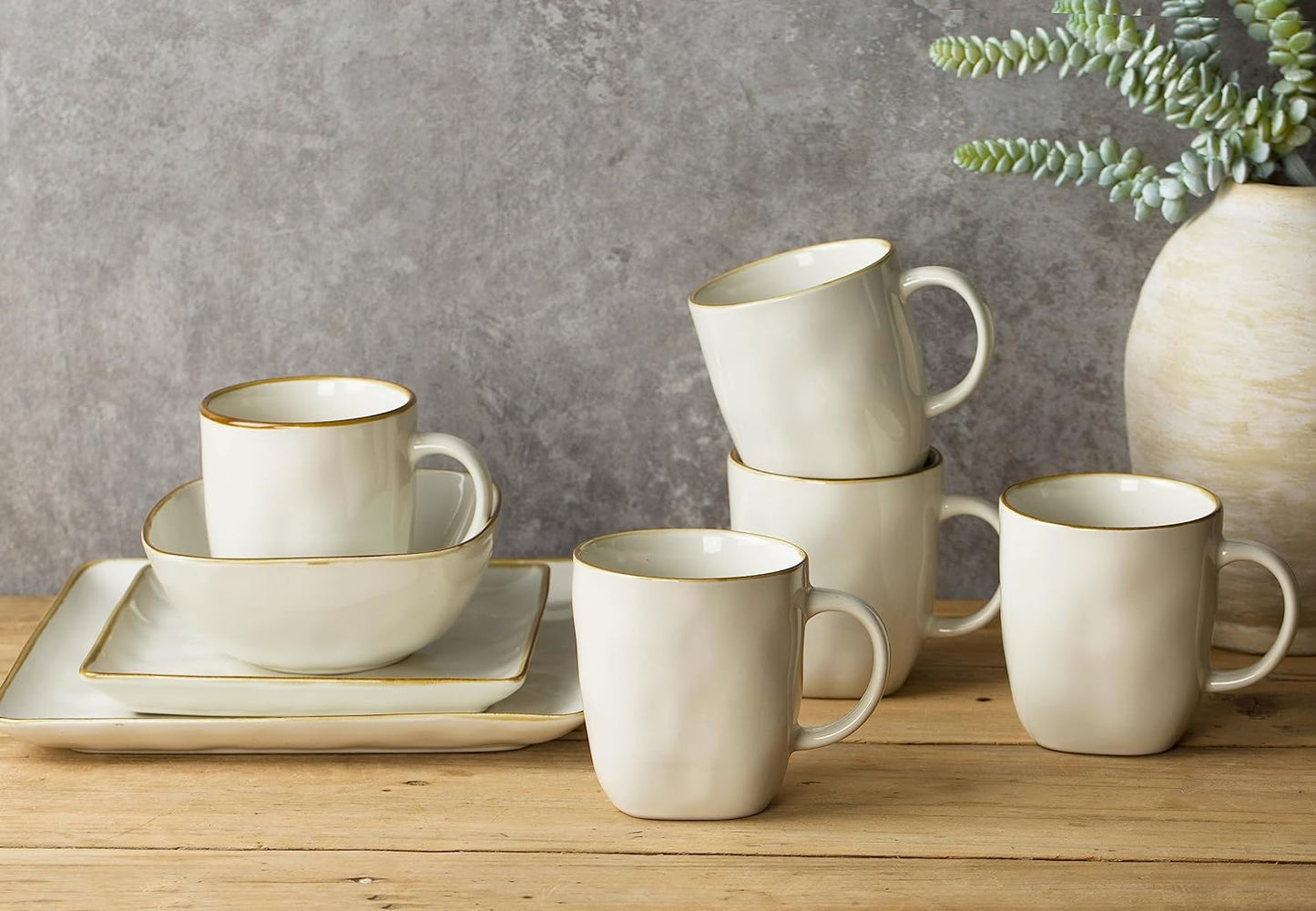 famiware Coffee Mugs Set of 4, Ocean Square 13oz Coffee Cup Set with Handle for Cocoa, Milk, Hot Chocolate, Tea, Water, Stoneware Cups for Kitchen, Microwave and Dishwasher Safe, Vanilla White