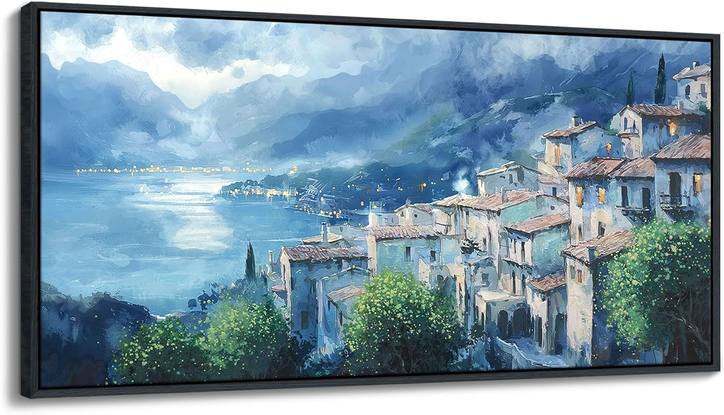 JEAWA Framed Canvas Wall Art - 20x40 IN Landscape Painting Decor Ready to Hang, Gray Blue Town Picture, Lights of Thousands homes Art Prints for Bedroom Bathroom Home Decoration