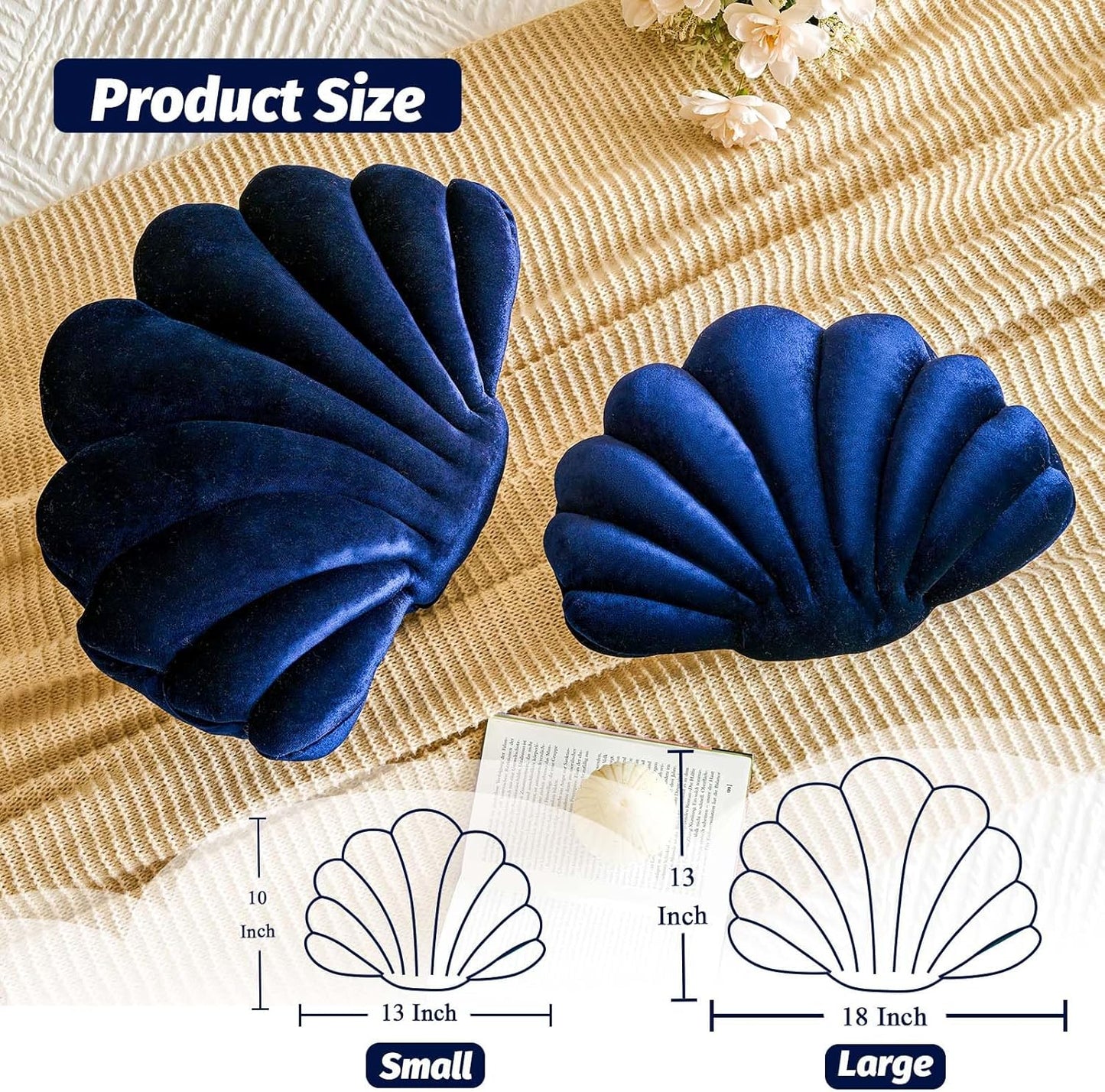 Navy Blue Seashell Throw Pillows, Shell Shaped Throw Pillows, 18 Inch Soft Velvet Home Decorative Pillow Plush Cushion for Bed Couch Living Sofa Room Decor Accent Throw Pillow