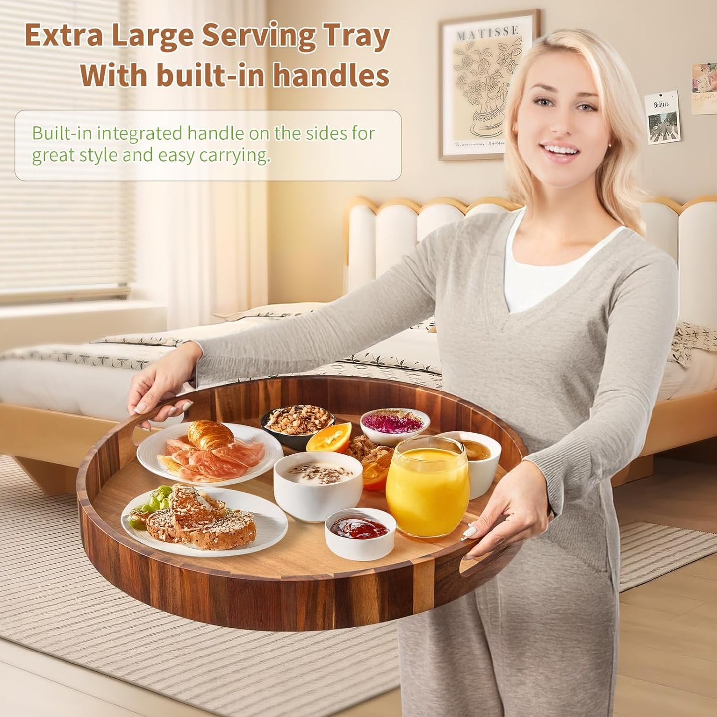 Large Ottoman Tray, 22" Big Ottoman Tray for Living Room, Large Serving Tray with Handles for Coffee Table Kitchen Counter,Great Round Wooden Trays with 4 Round Coasters for Appetizers, Dinner