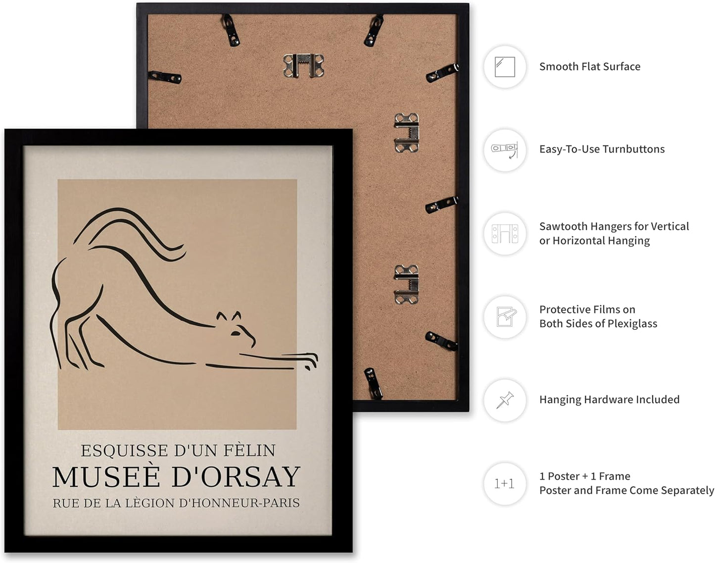 Poster Master Vintage Poster - Retro Minimalist Print - Gift for Artist, Housewarming - Cat, Line Drawing, Sketch, Abstract - Wall Decor for Living Room, Bedroom, 8x10 Black Framed