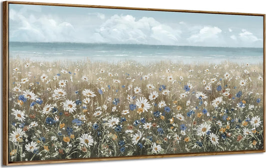 amatop Large Wall Art for Living Room Framed Boho Beach Coastal Floral Ocean Wall Picture Farmhouse Daisy Flower Sea Canvas Print Nautical Neutral Vintage Warm Artwork Home Bedroom Office Decor 48x24