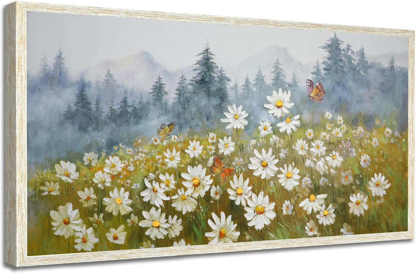 Arjun Flower Wall Art Canvas Landscape Daisy Painting Mountain Picture White Daisy Textured Floral Artwork for Living Room Bedroom Bathroom Office Home Wall Decor, Large Wood Grain Framed 48"x24"