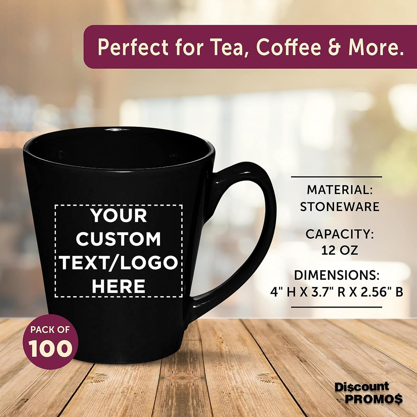 DISCOUNT PROMOS Custom Glossy Ceramic Latte Coffee Mug 12 oz. Set of 100, Personalized Bulk Pack - Perfect for Tea, Espresso, Cappuccino, Hot Cocoa - Black