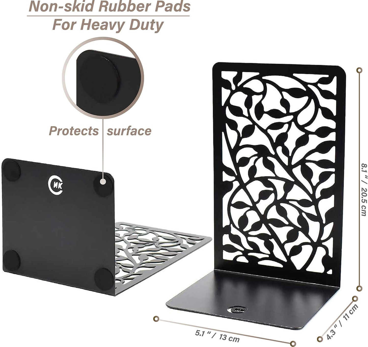 CNK Book Ends for Shelves - Metal Holders for Home Office Heavy Books, Shelf Stoppers, Decorative Set of 2 Black Infinite Leaves Bookends