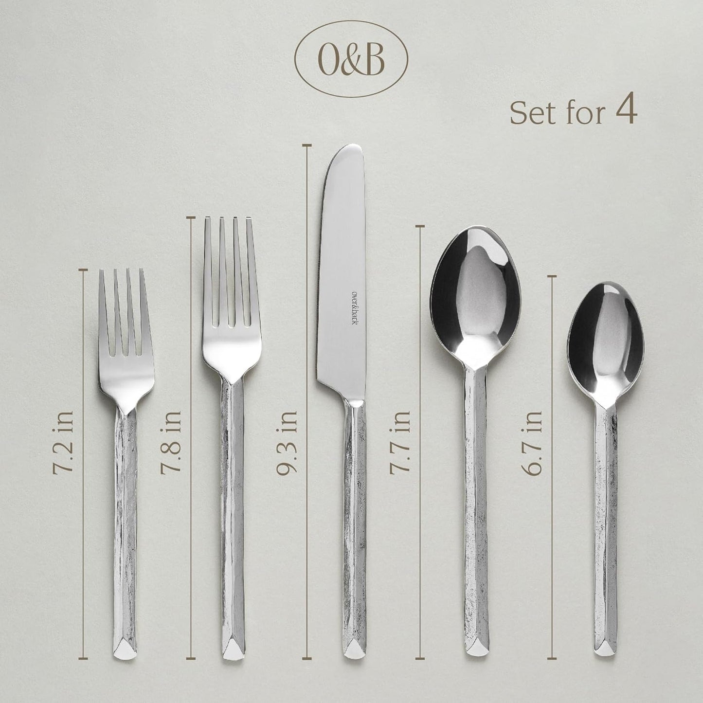 over&back 20pc Hand-Forged Flatware Cutlery Set - Comes with 4 Dinner Forks, 4 Salad Forks, 4 Dinner Knives, 4 Dinner Spoons, and 4 Teaspoons - Dishwasher-Safe - 18/8 Stainless Steel