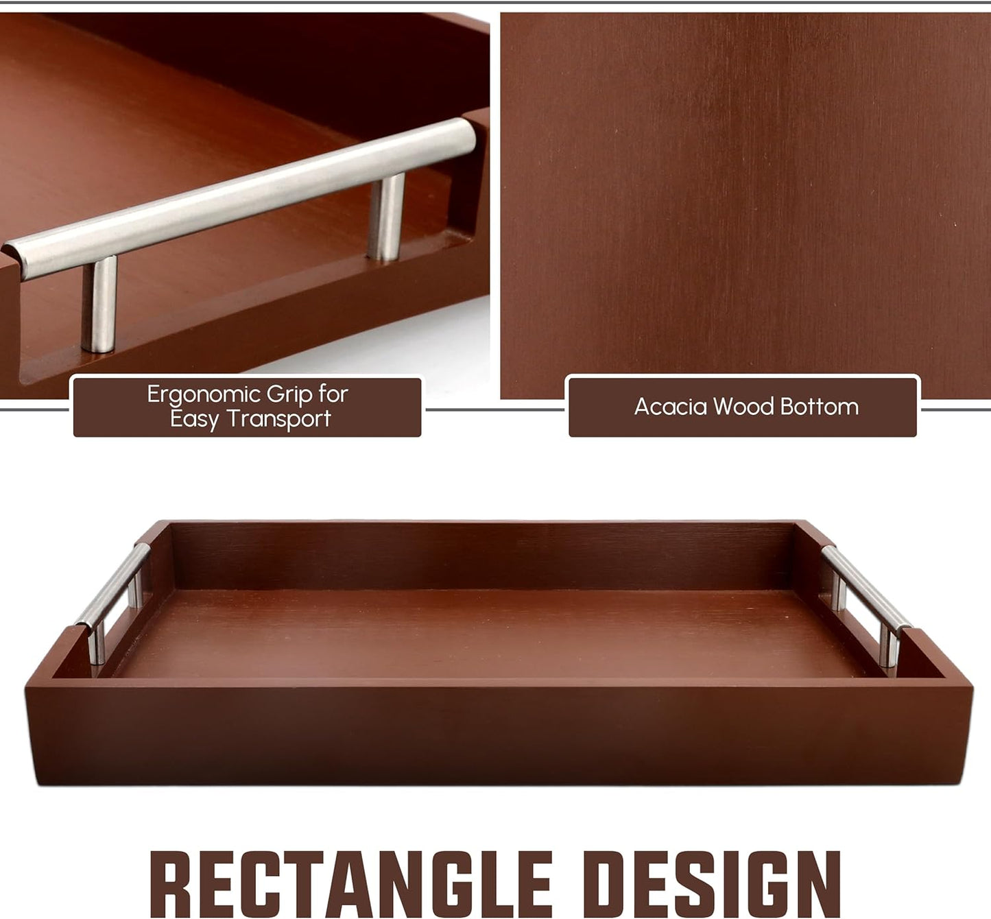 Acacia Wood Serving Tray with Handles - 17" x 13" Rectangular, Decorative Ottoman Tray for Living Room, Coffee Table, Breakfast in Bed, Candle Display