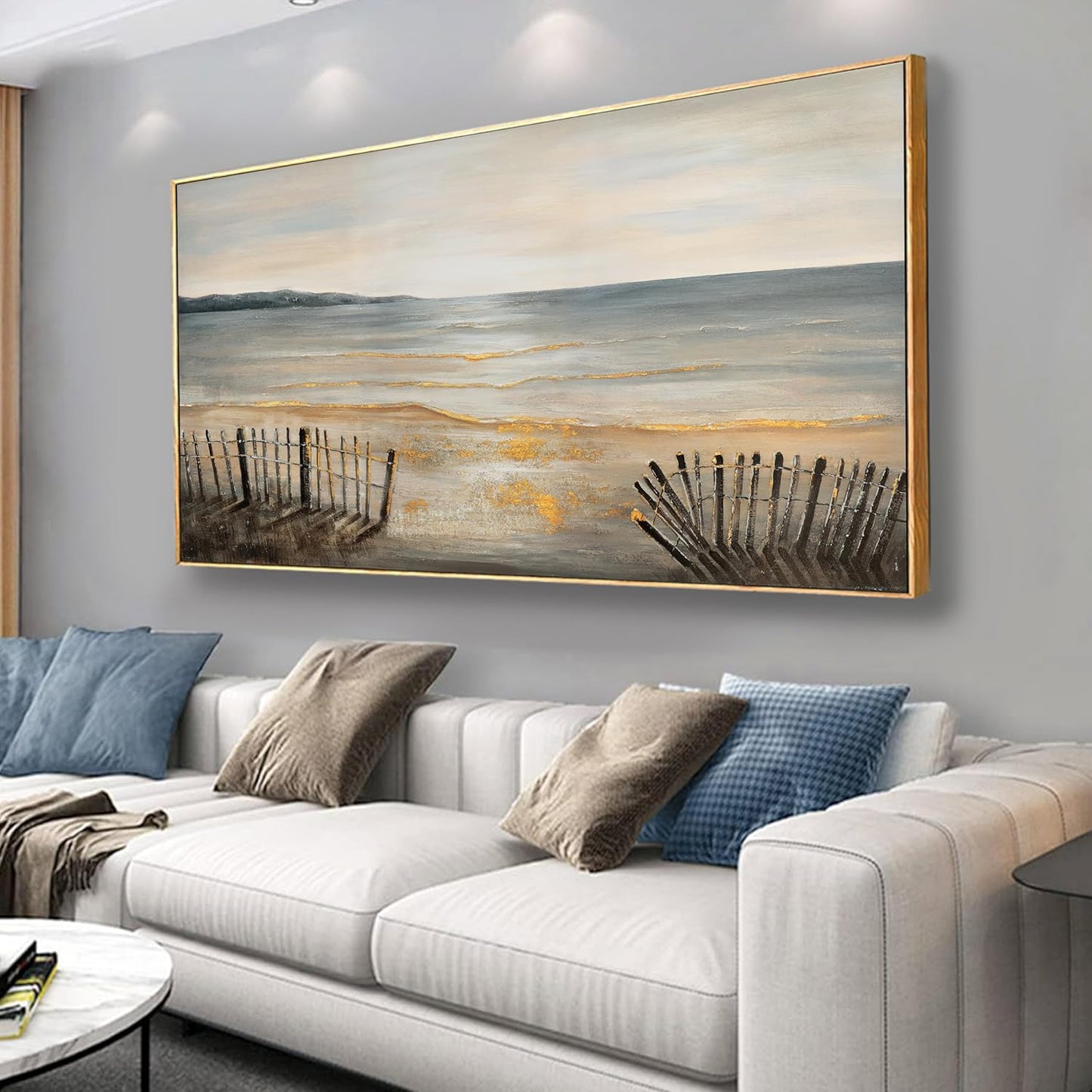 Yuaxker Large Ocean Wall Art Grey and Gold Wall Decor Framed Wall Hanging Wave Aesthetic Artwork for Living Room Bedroom Dining Room Office Home Decor 30x60 Inch