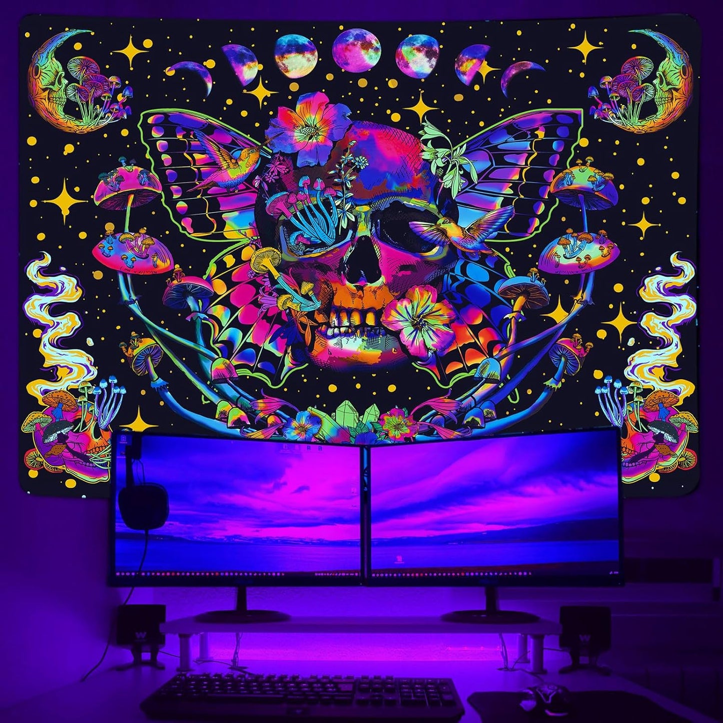 Xiaoput Blacklight Skull Tapestry, UV Reactive Mushroom Butterfly, Aesthetic Moth Moon Flowers, Hippie Skeleton Wall Hanging for Bedroom, Living Room, Home, Dorm 60x40in
