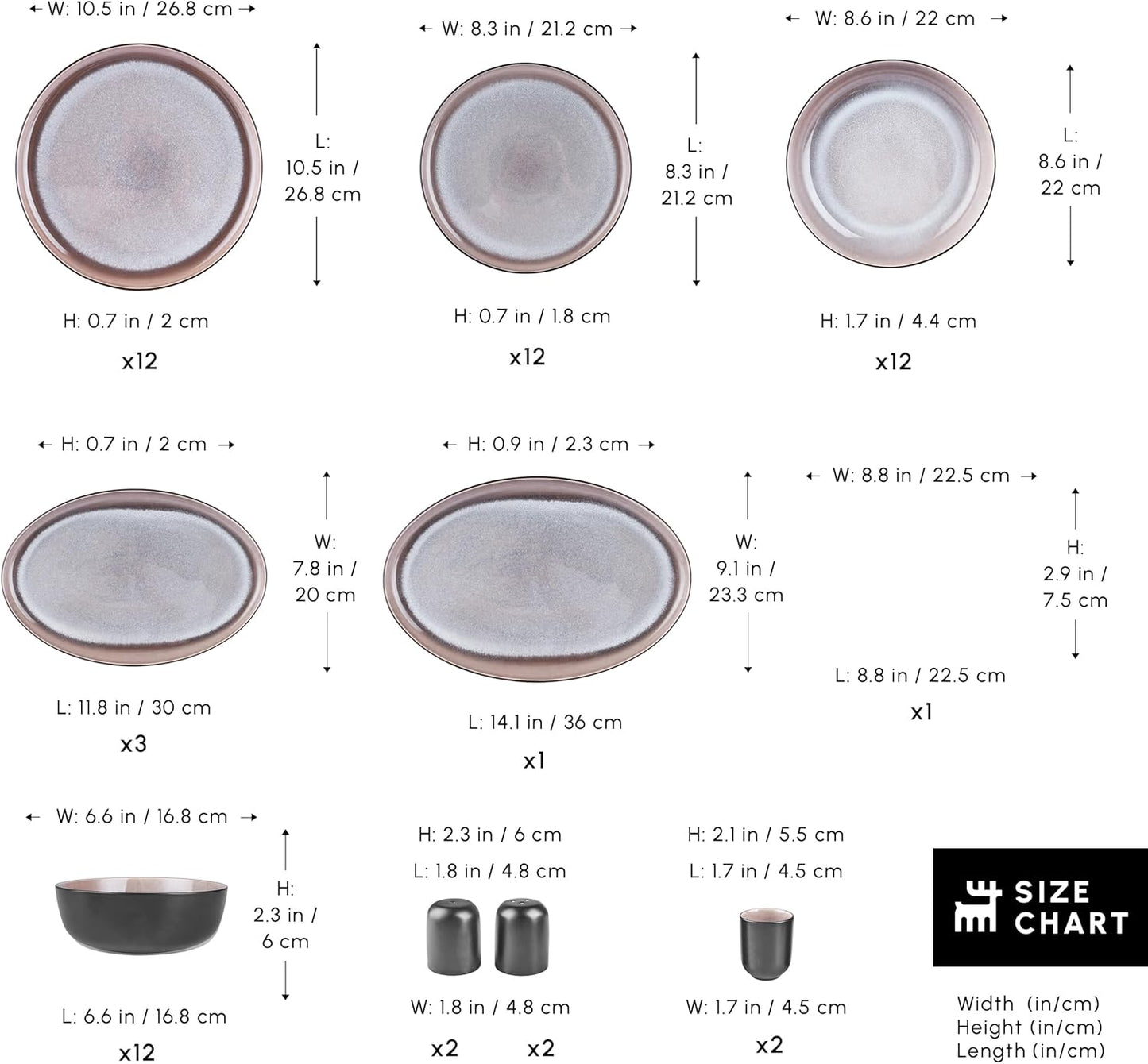 Karaca Mercure 59 Piece Stoneware Plates and Bowls Set, Reactive Glaze Black Dinner Set, Complete Kitchen Tableware Collection, Ideal Dinnerware for 12 People Dining Experience, Dishwasher Safe