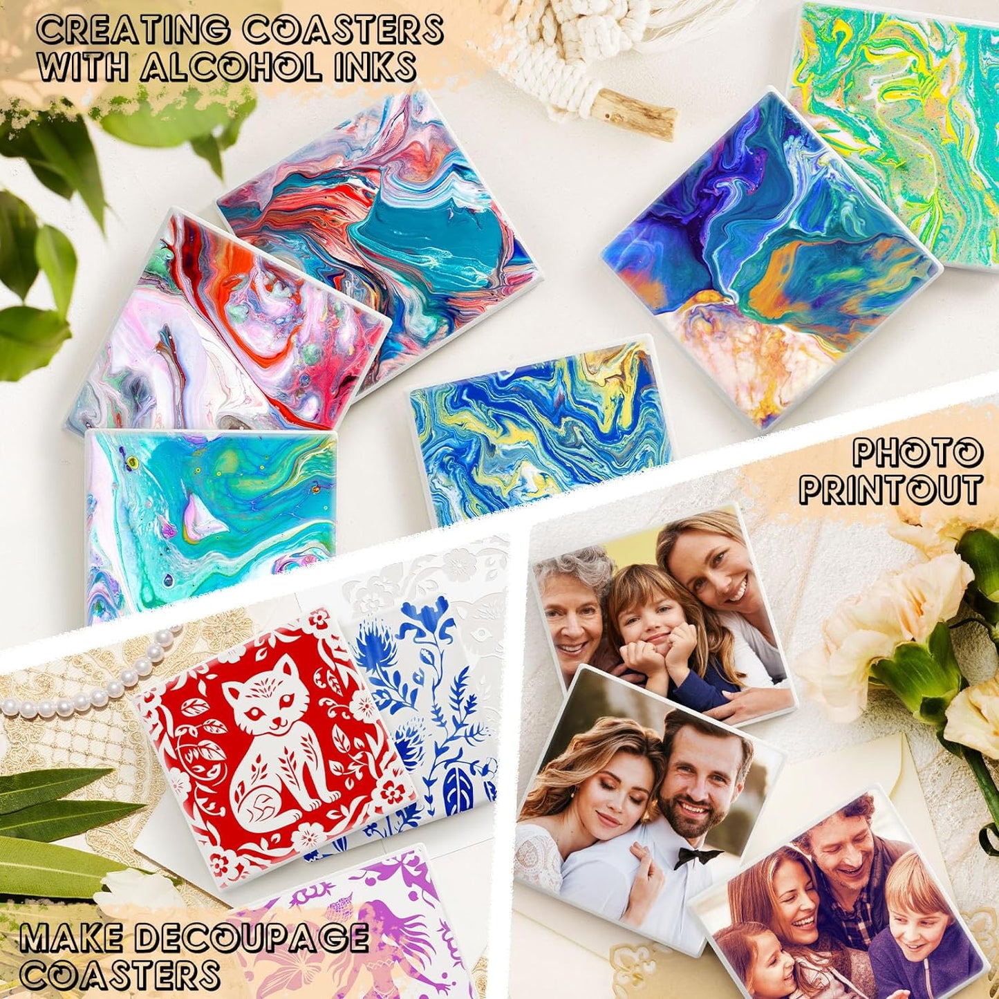 Ceramic Tiles for Crafts, GOH DODD 24 Pack Unglazed Blank Coasters with Cork Backing for Halloween Christmas Alcohol Ink Painting Acrylic Pouring Art Projects Gifts Wedding, Square, 4 Inch, White