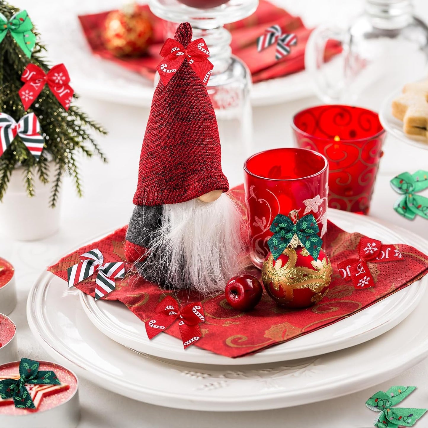 Syhood 150 Pcs Christmas Mini Bow Tiny Twist Tie Bow Handmade Craft Ribbon for DIY Sewing Party Decor(Red and Green,Classic)