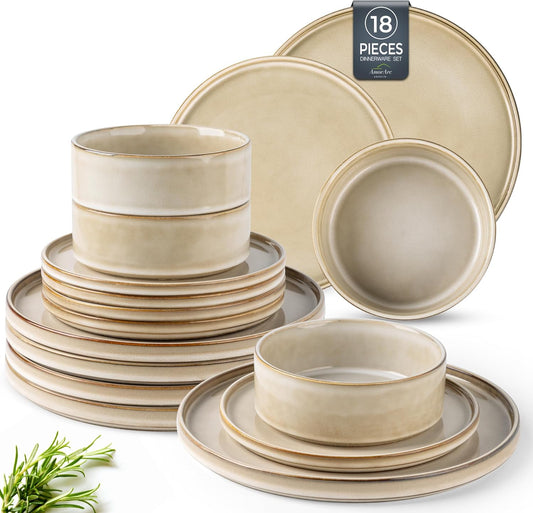 AmorArc Ceramic Dinnerware Sets, Handmade Reactive Glaze Stoneware Plates and Bowls Sets,Highly Chip and Crack Resistant | Dishwasher & Microwave Safe Dishes Set, Service for 6 (18pc)
