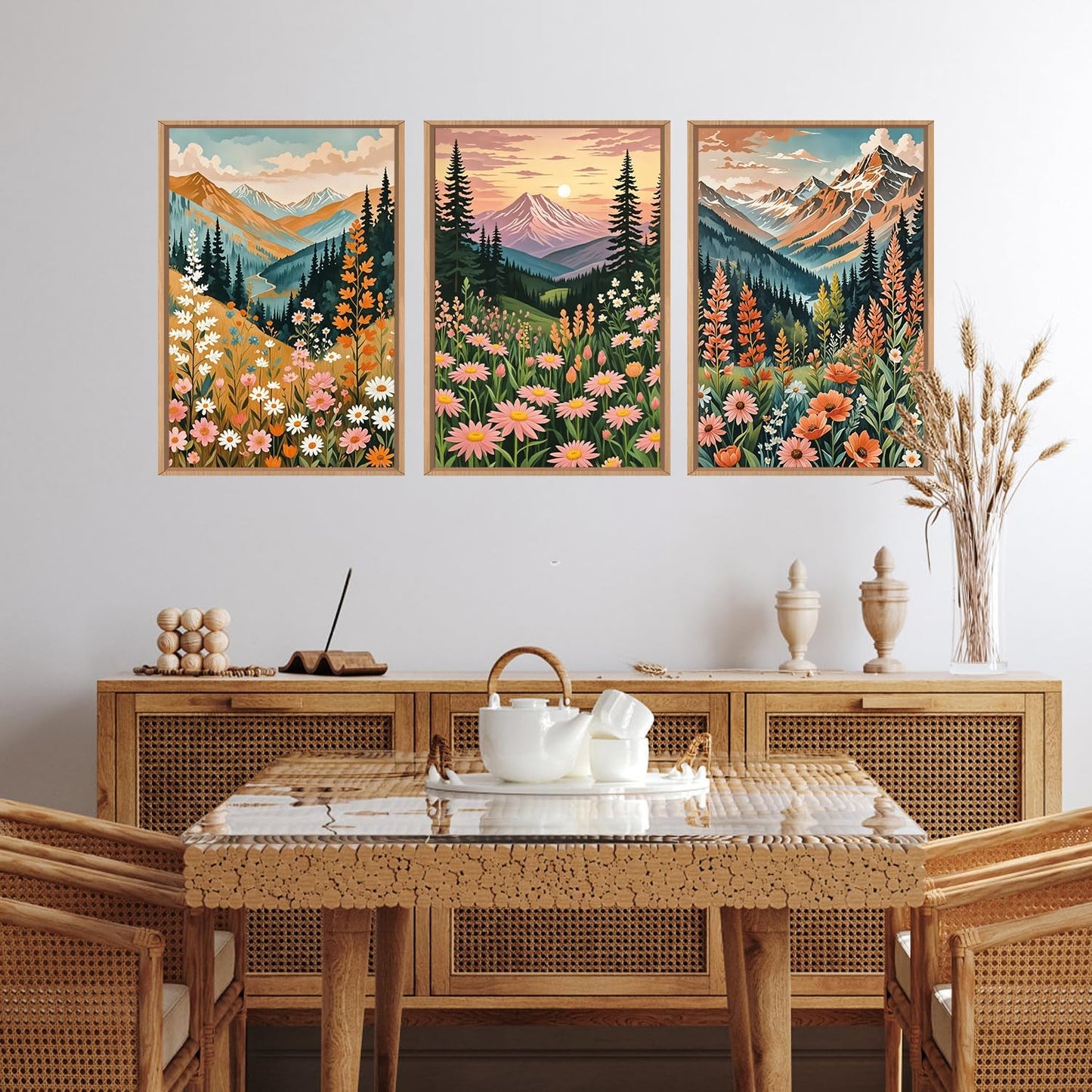 HPINUB Mountain Sunset Floral Framed Canvas Wall Art Set,Colorful Wildflower Daisy Flower Wall Decor,Boho Blossom Botanical Artwork Modern Nature Landscape Art Print for Living Room,Bedroom-16 x24 x3