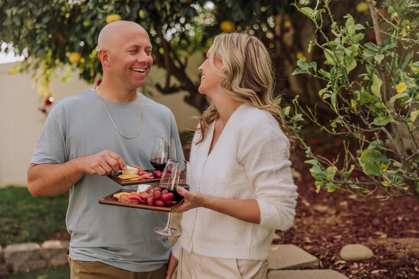 PICNIC TIME Rectangle Wine Appetizer Plates Set of 4, Cocktail Plate with Glass Holder, Cheese Board with Wine Holder, (Stained Parawood)