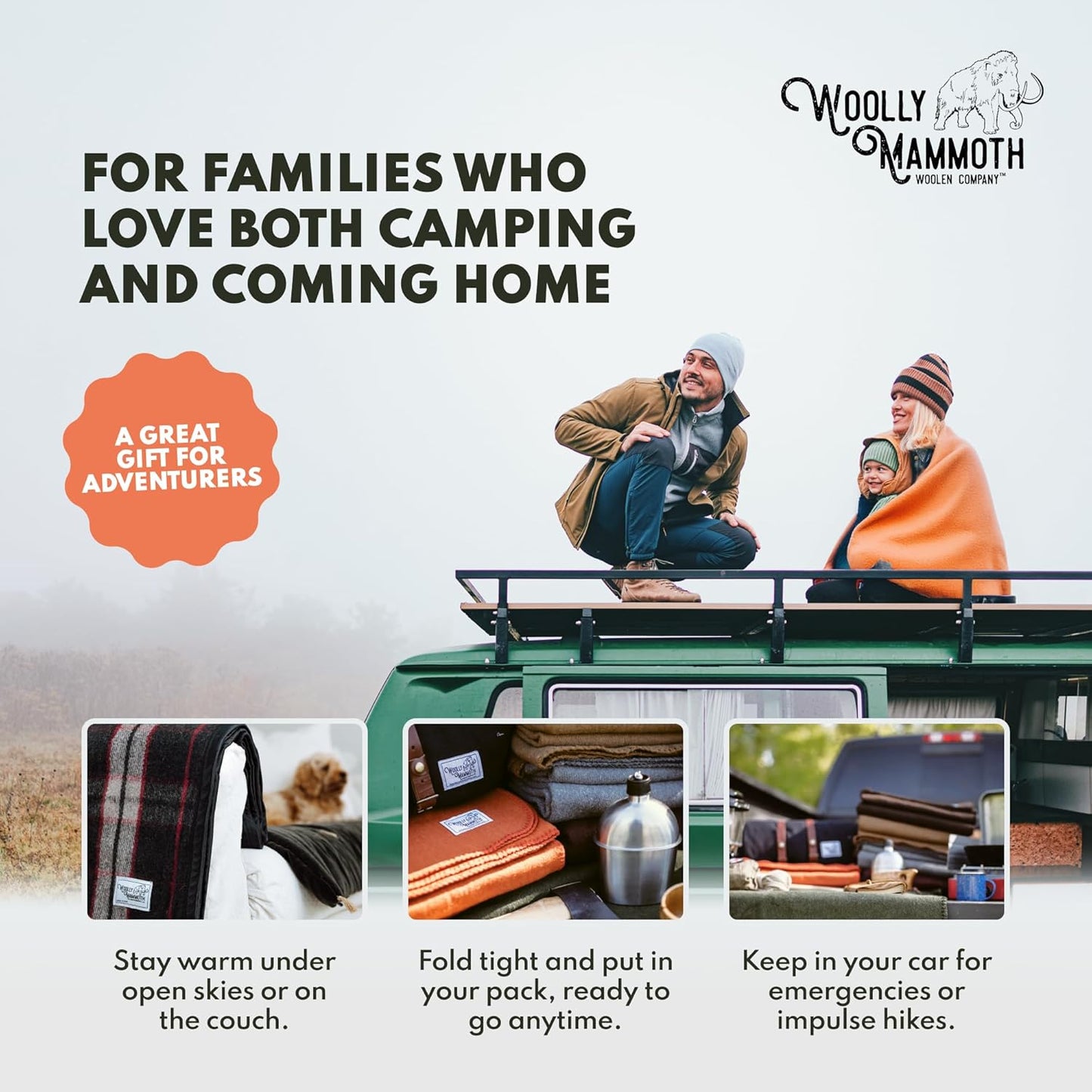 Woolly Mammoth Woolen Company Merino Wool Camping Blanket - 66 x 90 in - Navy Blue - Heavyweight Insulated Outdoor Throw Blanket for Camping & Hiking & Backpacking