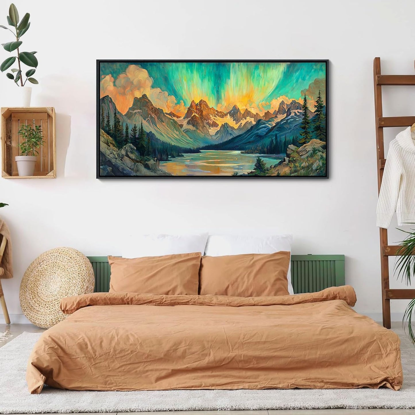 JEAWA Framed Canvas Wall Art - 24x48 In Large Abstract Painting Decor, Textured Mountain Lake Tree Aurora Polaris Pictures, Modern Art Prints for Bedroom Living Room Bathroom Home Decoration