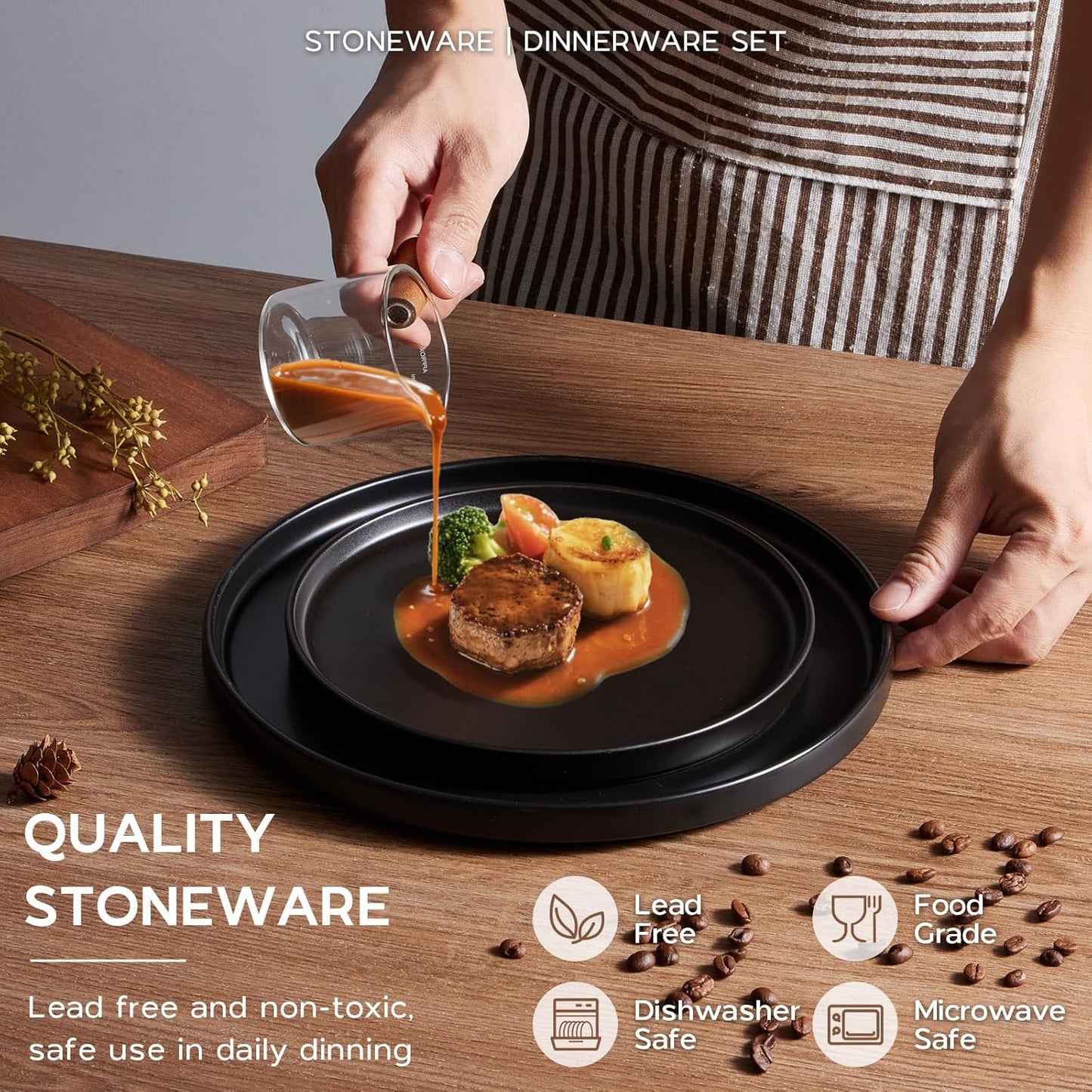 Onader 16 Piece Dinnerware Sets with Serving Bowls for 4, Stoneware Plates and Bowls Dish Sets, Ceramic Dinner Ware Dishware for Kitchen Dining, Chip & Scratch Resistant - Ebony Black