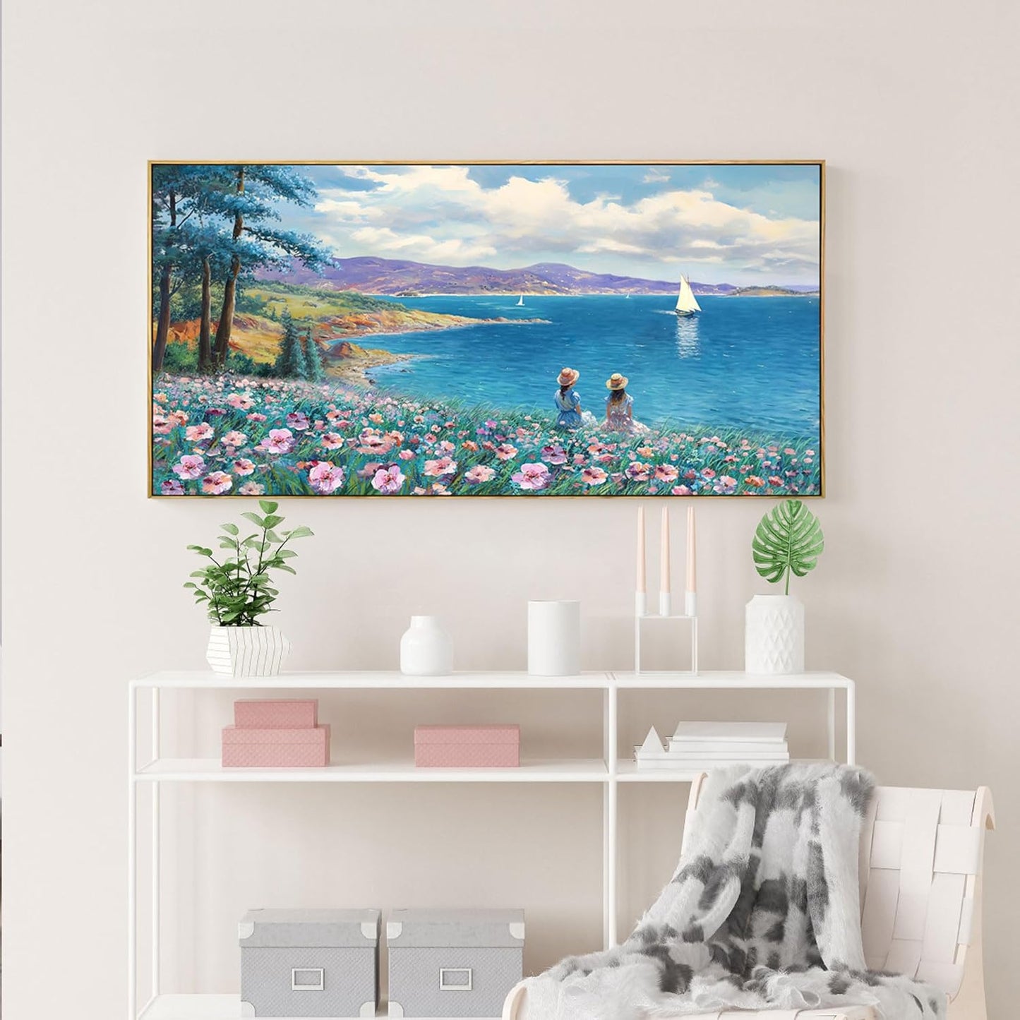 XLSJERST Landscape Wall Art - Blue Ocean Pink Flower Sailboat Mountain Tree Decor Orange Frame Artwork for Wall Large Picture for Living Room Bedroom Home Office Wall Decoration Size 20x40