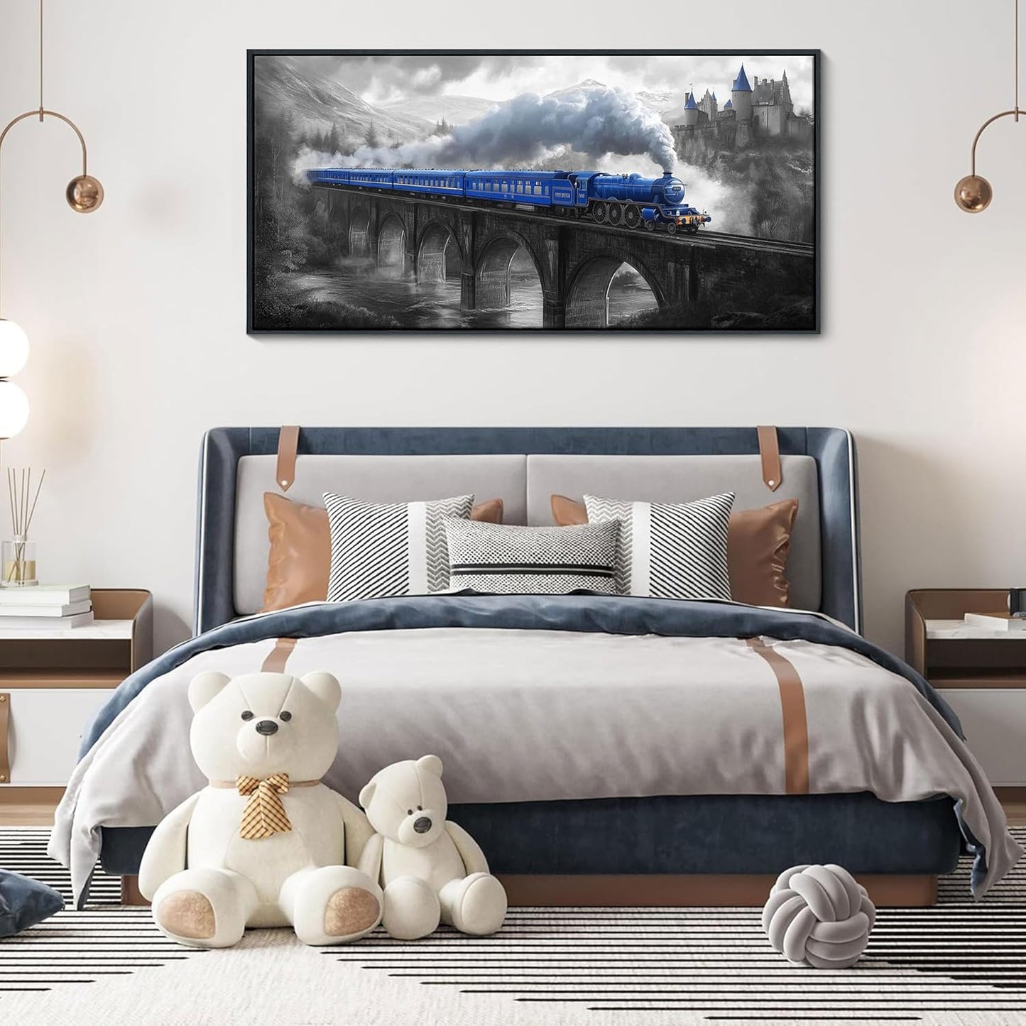 JEAWA Framed Canvas Wall Art - 20x40 IN Blue White Gray Landscape Wall Decor, Picture with Castle Bridge Train, Art Prints for Living Room Bedroom Bathroom Home Decoration