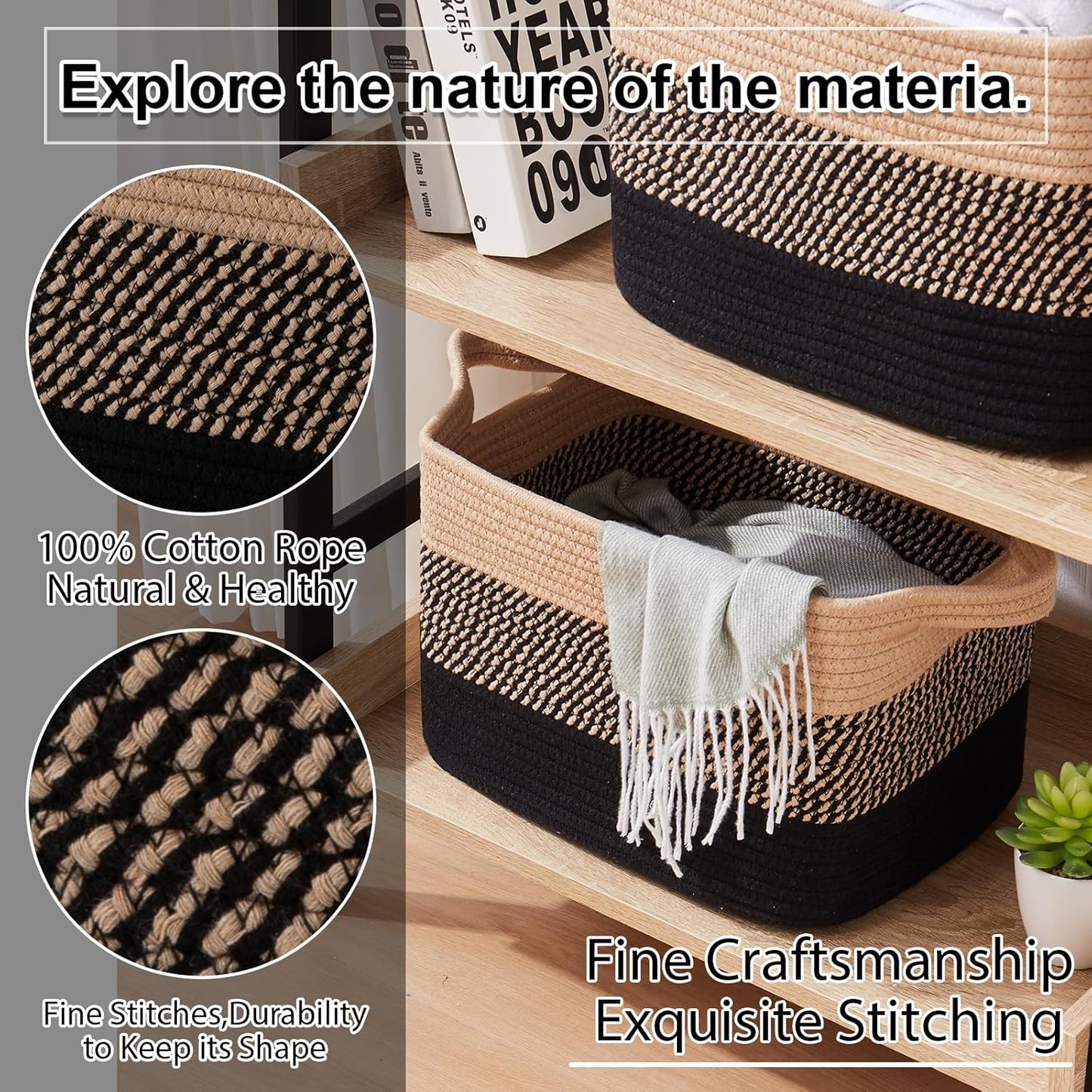 OIAHOMY Storage Basket, Woven Baskets for Storage, Cotton Rope Basket for toys,Towel Baskets for Bathroom - Pack of 3, Black & Brown