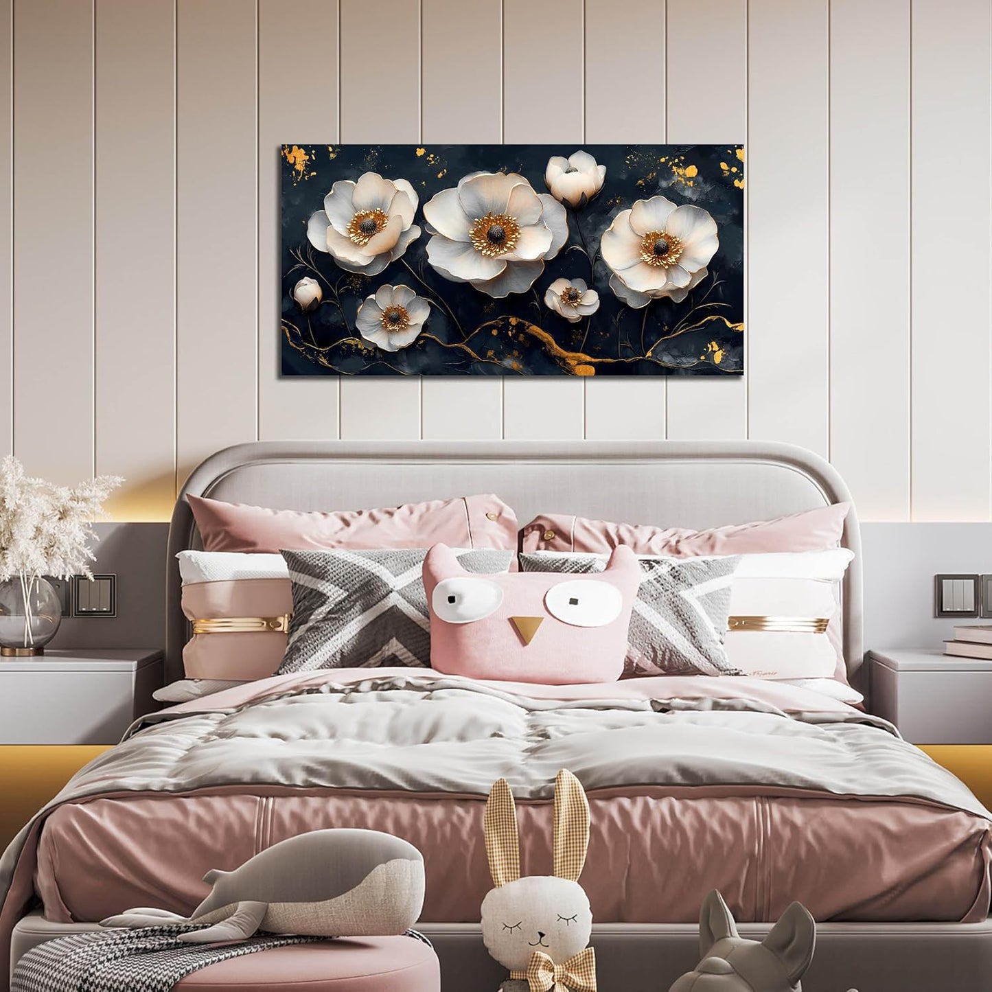 White Flower Wall Canvas Art for Bedroom - Black and White Wall Art for Living Room - Home Office Decor Wall Size 20" x 40"
