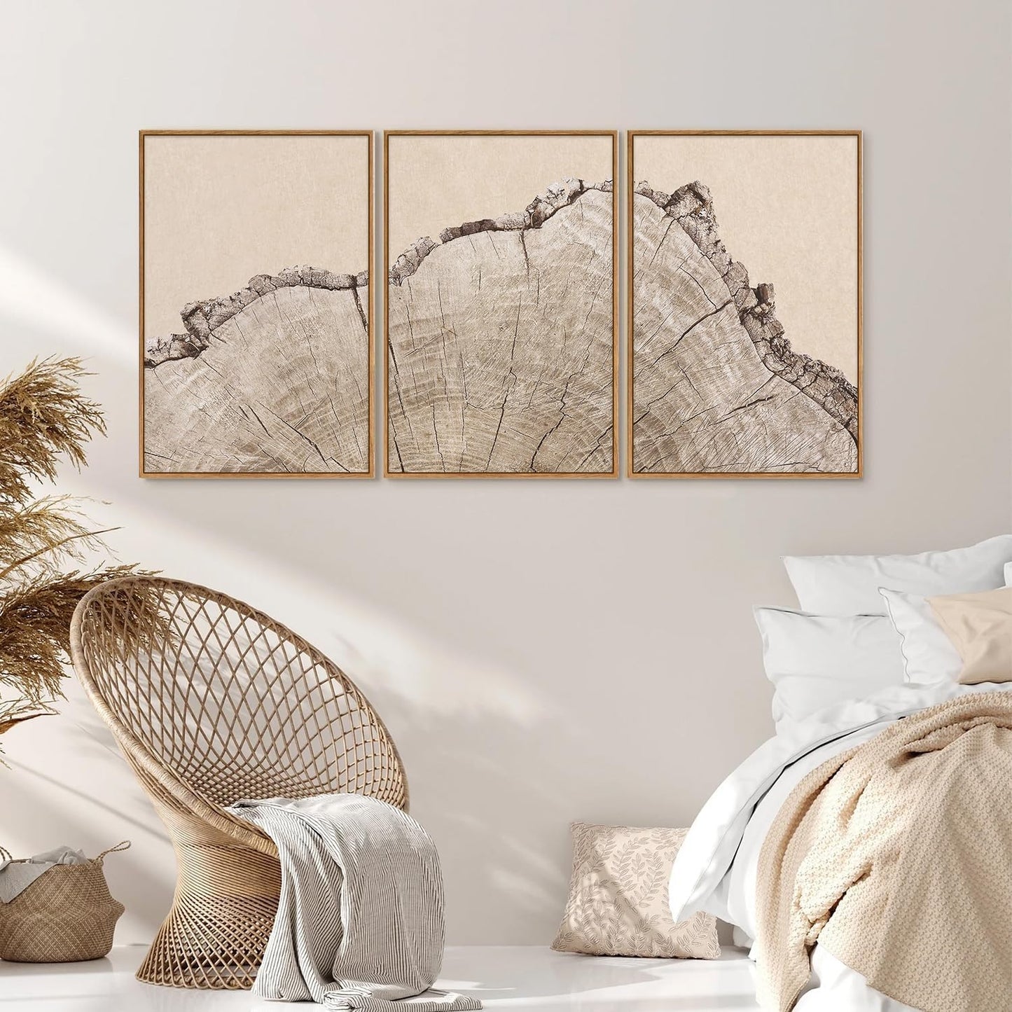 SIGNINART Large Tree Ring Framed Canvas Wall Art Set, Rustic Beige Nature Wooden Wall Decor, Neutral Wood Stump Artwork, Modern Art Prints for Bedroom Living Room Office 16"x24"x3