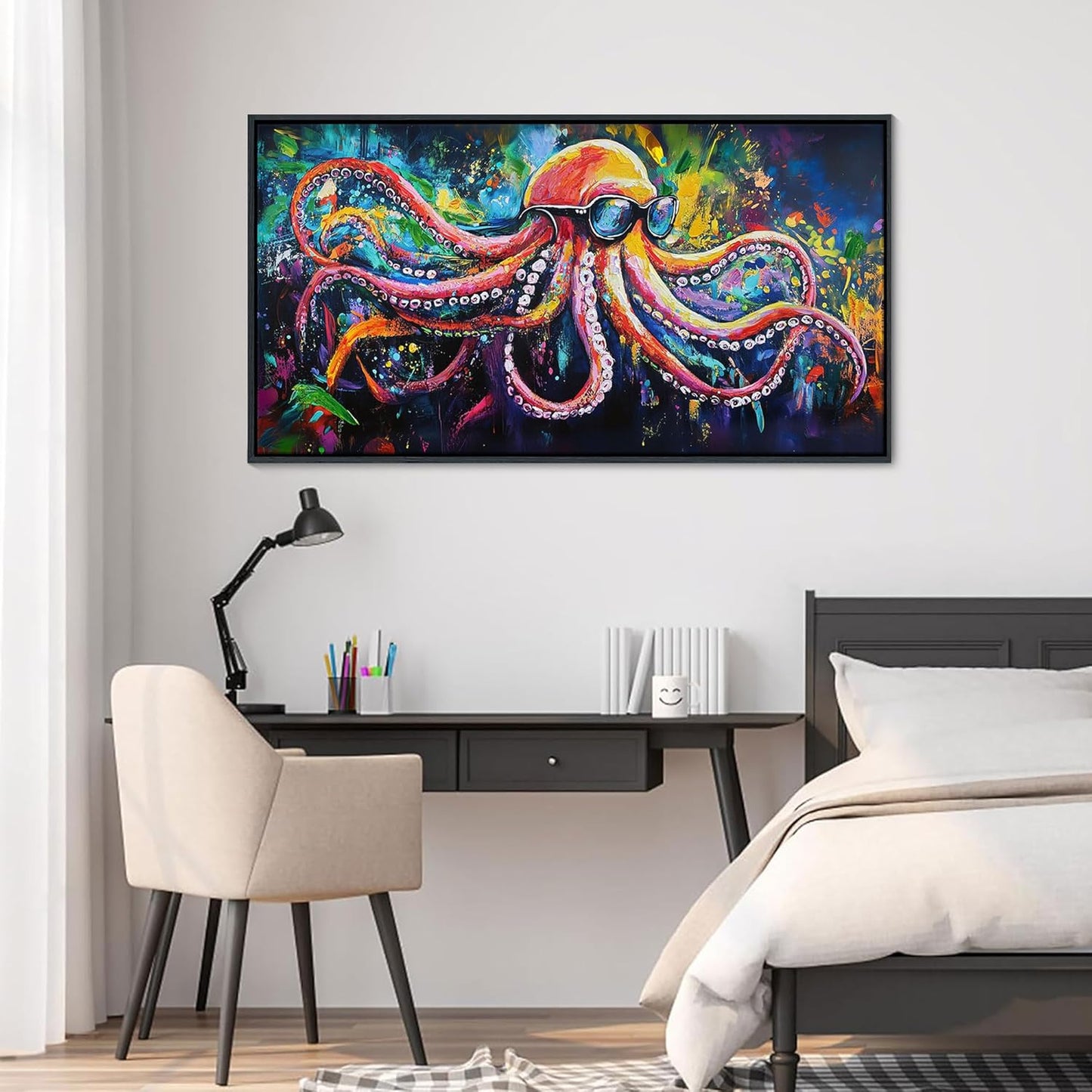 JEAWA Framed Canvas Wall Art, Abstract Octopus Pictures Cool Poster Printing Modern Pop Street Graffiti Art Texture Wall Painting for Living Room Bathroom Bedroom Men Room Home Decor 20x40 IN