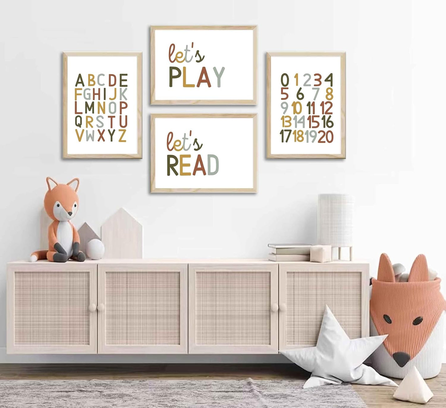 4 Pcs Boho Playroom Canvas Wall Art Nursery Toddler Educational Let's Read Let's Play Painting Pictures Wall Decor Posters Print Artwork for Girl Boy Childs Room Classroom Home Decoration Unframed