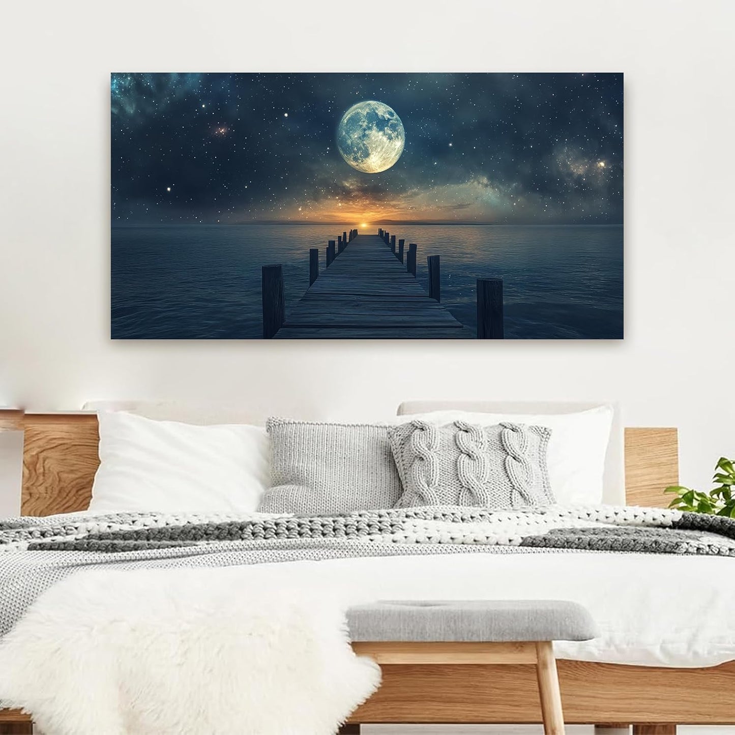 Canvas Wall Art Decor Artwork for Walls Large Wall Art Pictures for Living Room Landscape Coastal Wall Art Natural Blue Wall Decor Art Prints Star Moon Art Work for Home Office Wall Decor 24" x 48"