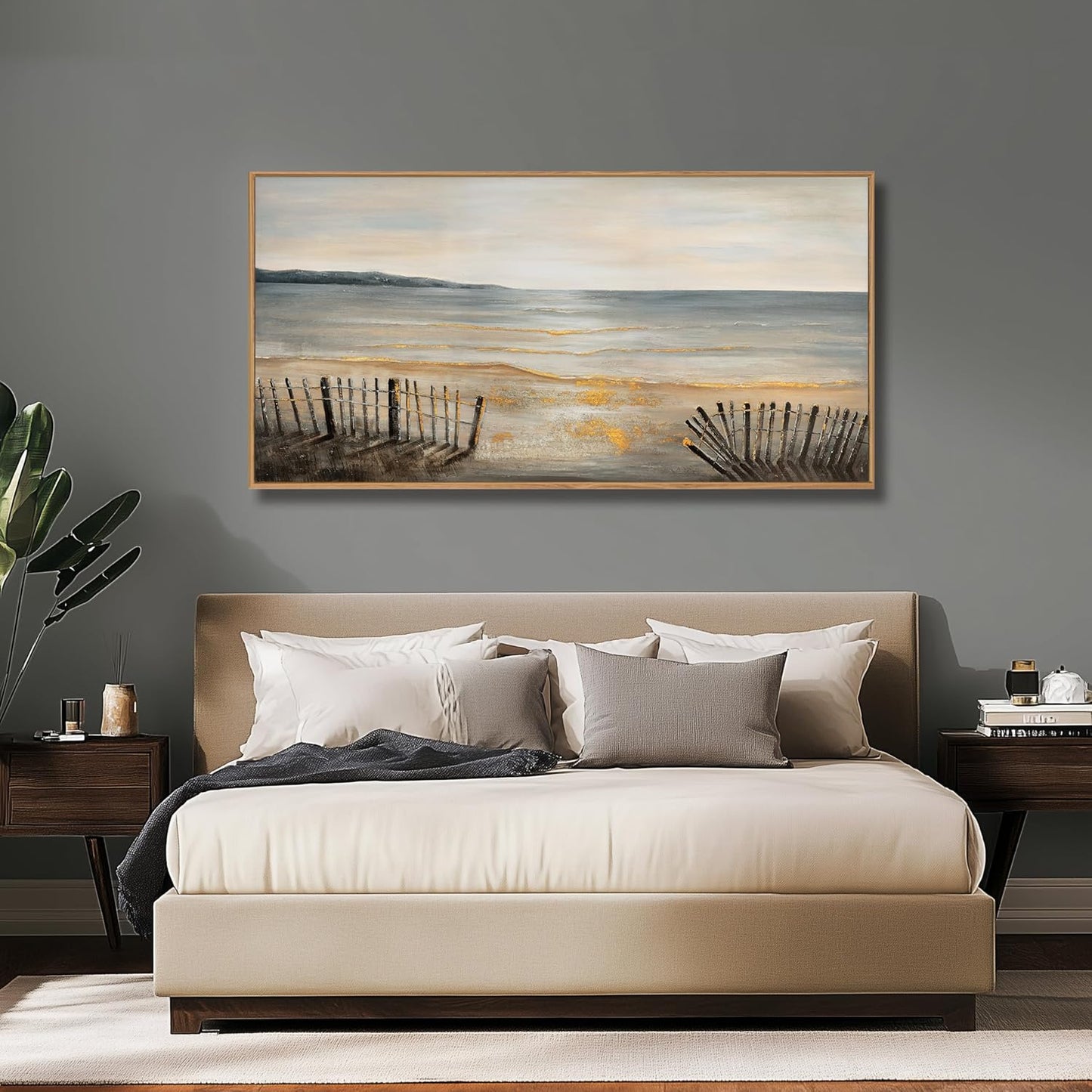 Yuaxker Ocean Wall Art Grey and Black Wall Decor Framed Canvas Painting Beach Aesthetic Artwork for Living Room Bedroom Dining Room Office Home Decor 24x48 Inch