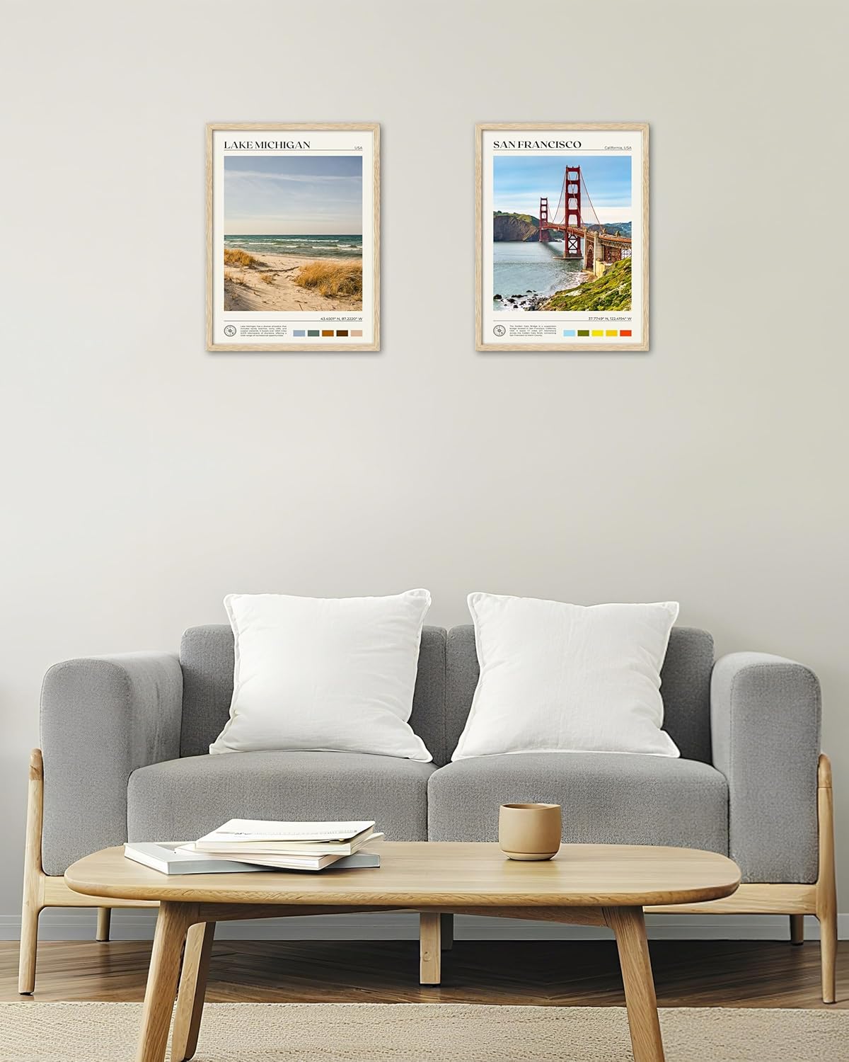 HesenDot Natural OAK Wood Lake Michigan Framed Wall Art,12x16in Natural Scenery Canvas Wall Print,Classic Urban City Landmark Wall Decor for Living Room,Bedroom,Office Gallery Gifts Set of 1