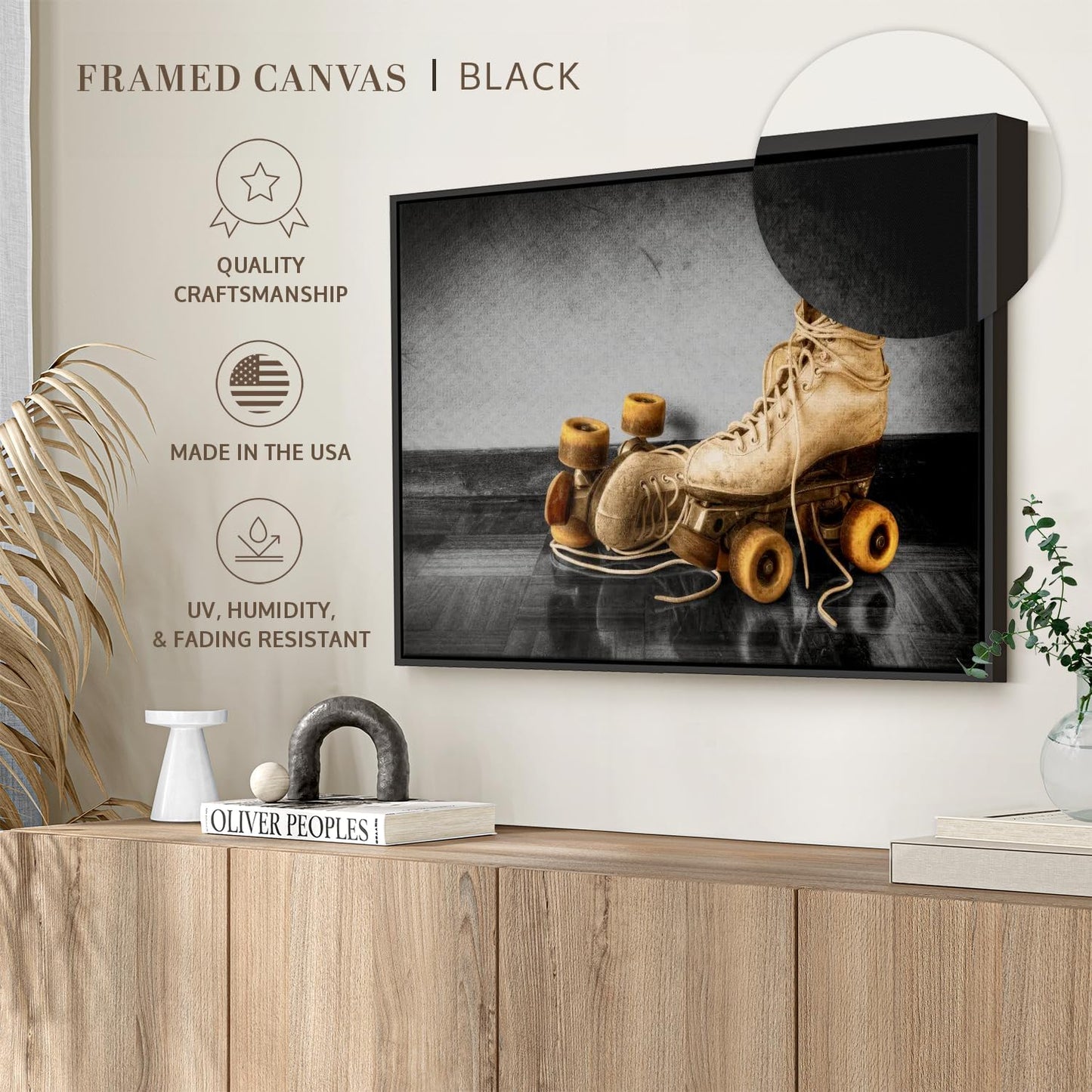 ElephantStock Vintage Skates Pop Wall Art - Horizontal Framed Canvas - 1-Piece Living Room Wall Decor - Sport Photography Canvas Print - Beige and Black Decor for Wall - 31" X 21"