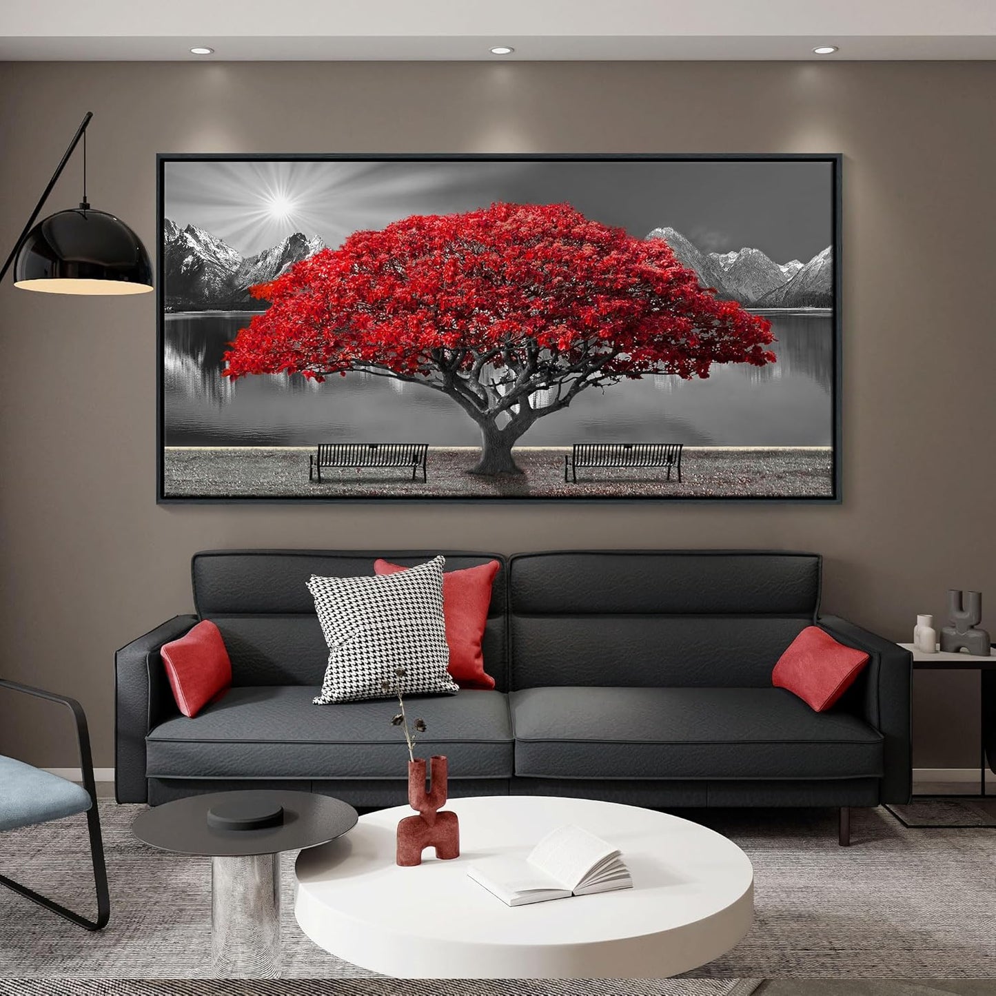 Framed Black and White Red Tree Wall Art Canvas Print Picture Large Red Tree Landscape Modern Artwork for Living Room Bedroom Office Home Wall Decor With 24X48inch