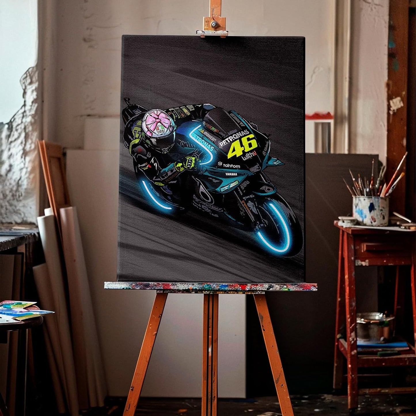 Sorventina Neon-Style Motorcycle Wall Art Prints - Last Dance YZR-M1, 16x24 Wrapped Frame