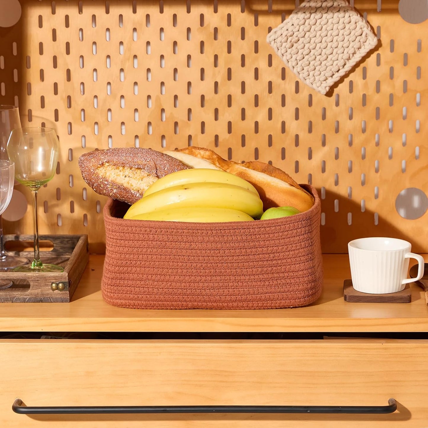 Small Storage Baskets for Organizing | Closet Organizer Bins | Shelf Toy Basket | Woven Rope Baskets | Cube Decorative Box | Shallow Basket | 11.5x7.5x4.7” | 3 Packs Oxide Red