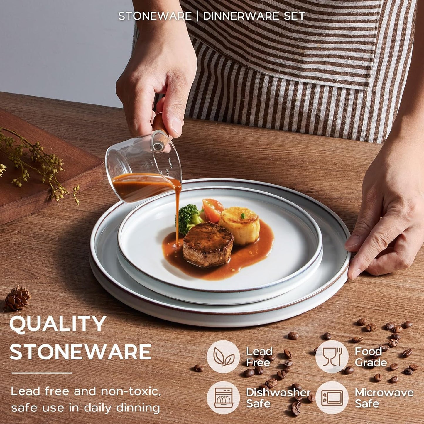 Onader Dinnerware Dishes Sets for 8, Stoneware Plates and Bowls with Unglazed Terracotta Bottom, Ceramic Kitchen Dinner Dish Set, 24 Piece - Glacier White