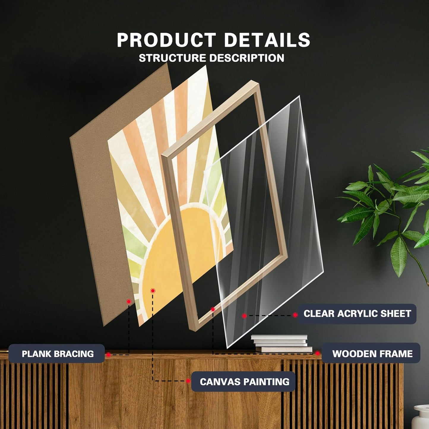 Wooden Framed Boho Sun Wall Art Set of 3 Abstract Sunshine Canvas Prints Morden Bohemian Posters Neutral Home Decor Minimalist Geometric Line Painting Picture for Living Room Bedroom16x24in