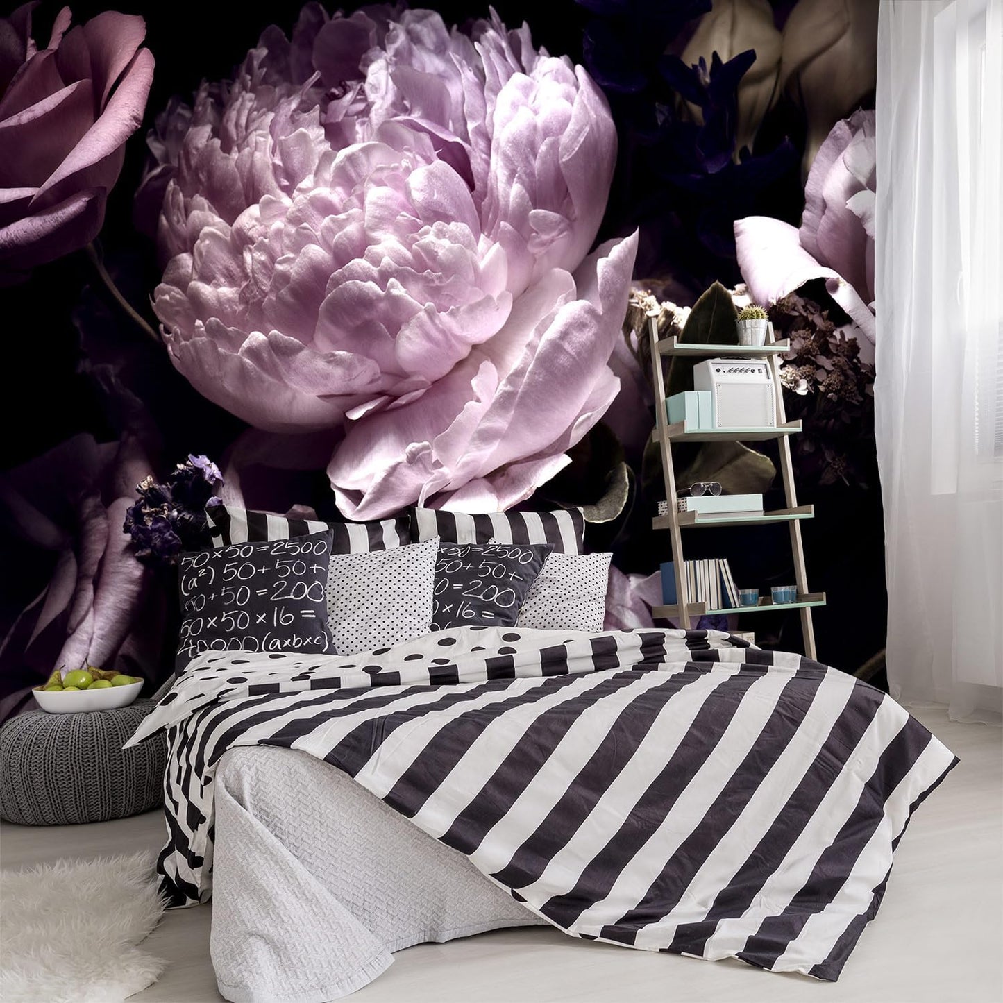 -Black Peony Purple Floral Botanical Fabric Wallpaper Living Room Bedroom Bathroom Dark Flowers Large Wall Mural- 160"x108"（ not Peel and Stick）