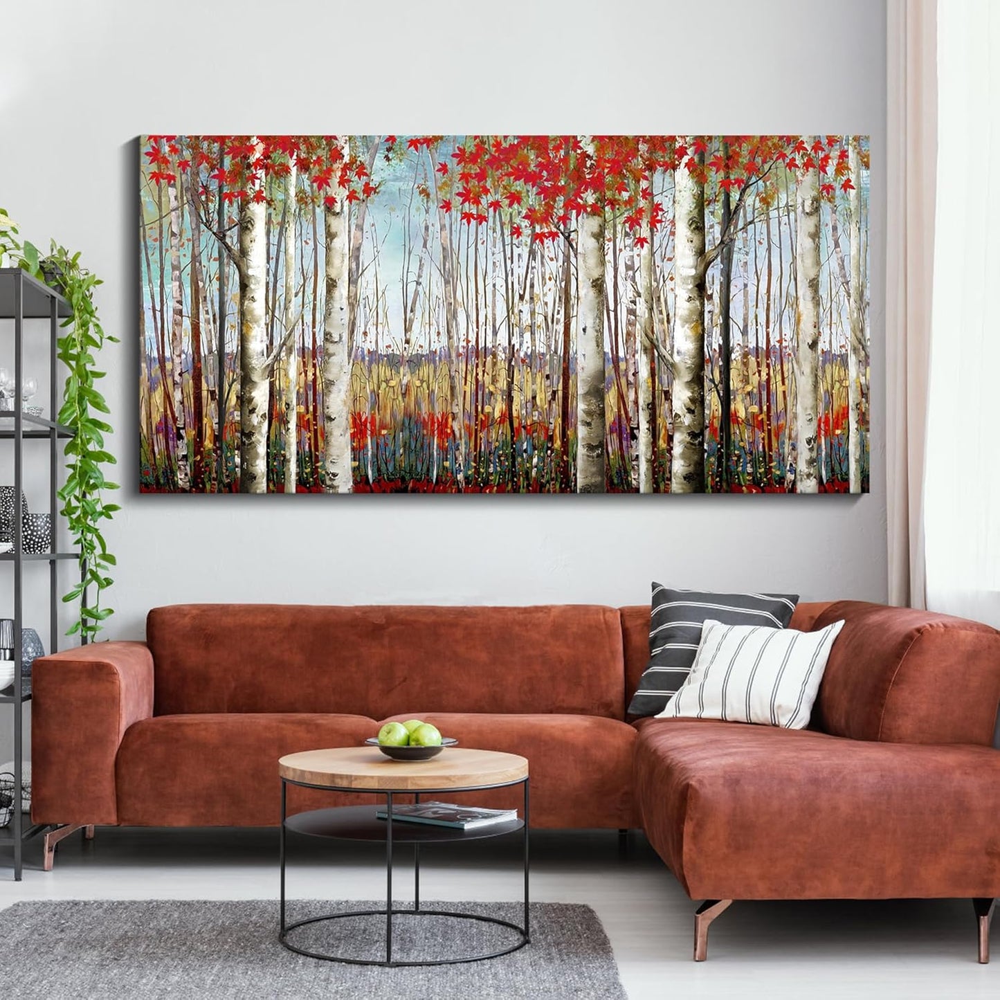 Canvas Wall Art for Living Room Bedroom Modern Wall Decor of Red Leaves White Birch Tree Forest Painting Artwork Wall Decoration 29x58 Large Size with Wood Framed Easy to Hang for Home