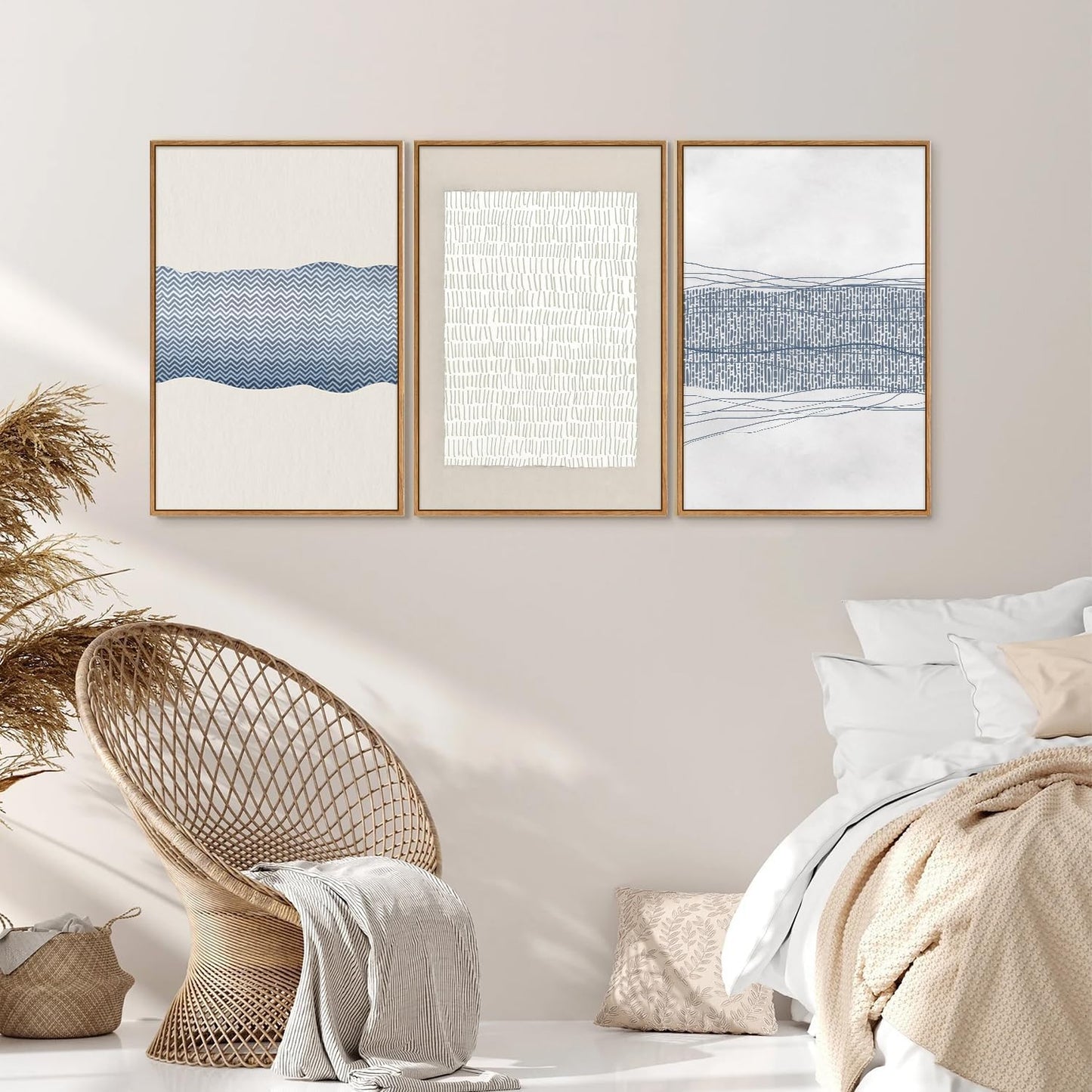 SIGNINART Large Abstract Framed Canvas Wall Art Set of 3, Minimalist Boho Line Art Prints, Modern Neutral Aesthetic Wall Decor, Blue and White Art Paintings for Living Room, Bedroom, Office 16"x24"