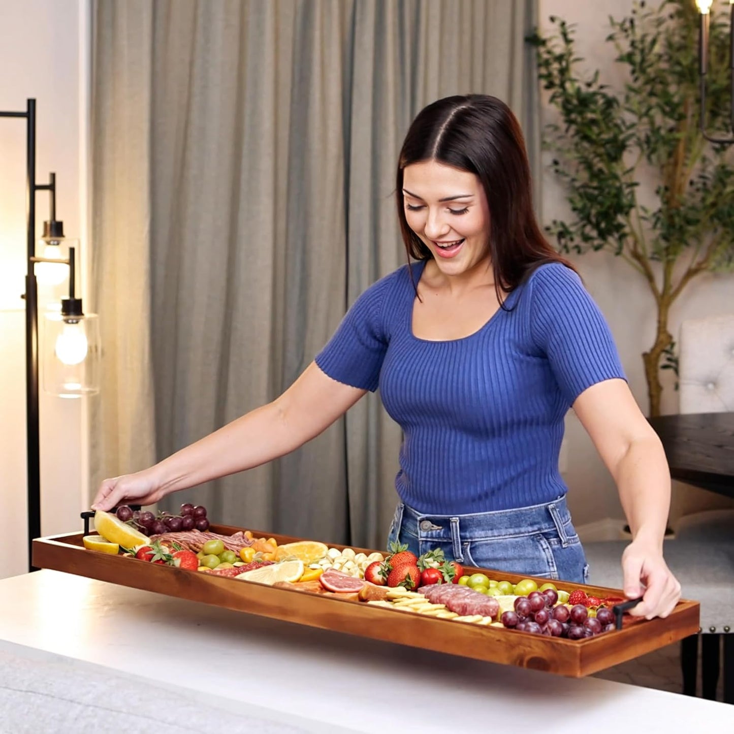 Acacia 36 Inch Extra Large Charcuterie Board with Cheese Knife Set of 4 - Acacia Wood Serving Tray with Handles, Long Charcuterie Board, Large Charcuterie Boards for Party, Wooden Cheese Board