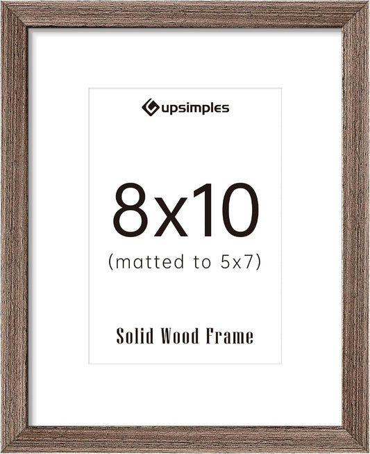 upsimples 8x10 Picture Frame, Natural Solid Wooden Picture Frames, Display 5x7 with Mat or 8 x 10 Without Mat, Wall or Tabletop, 1 Pack, Brown