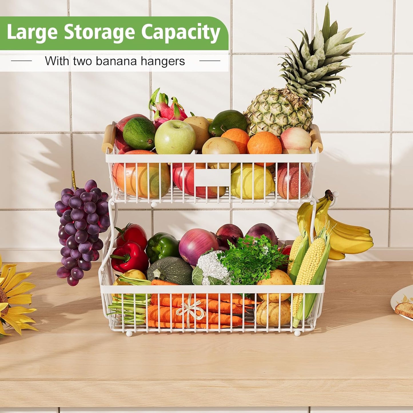 2 Tier Fruit Basket for Kitchen Counter with 2 Banana Hangers, Countertop Metal Fruit Bowl with Wooden Handle, Large Storage Stand for Vegetables, Snacks, Breads, Produce Storage – White