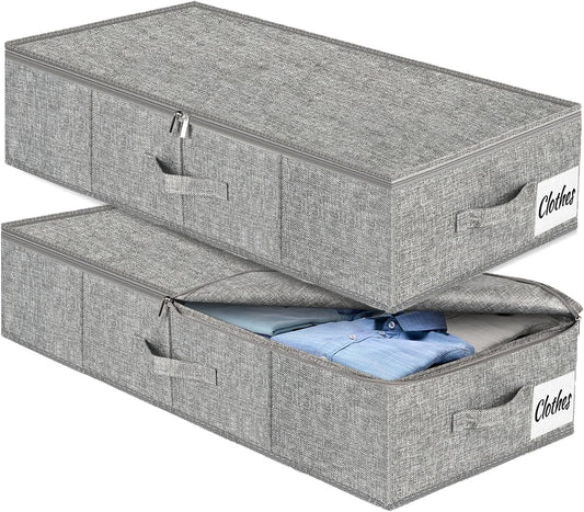 Under Bed Storage Container Bins 2 Pack, Low Profile Foldable Underbed Clothes Storage Organizer W/ Ultra Thick Fabric and Sturdy Bottom/Sides, Dual Zipper Storage Box for Dorm and Home 30x16x6.7"
