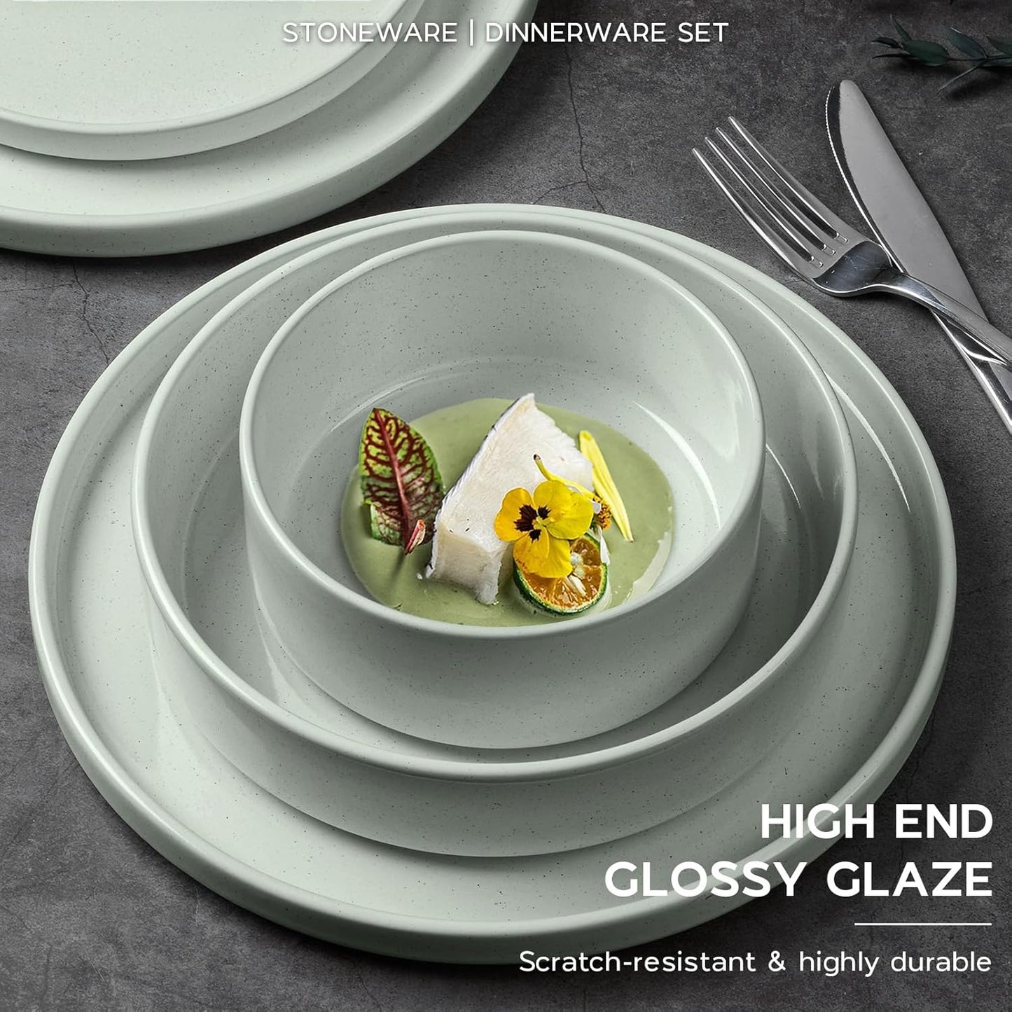 Onader Stoneware Dinnerware Sets, 8 Piece Plates and Bowls Dishes Sets for 2, Speckled Kitchen Dishware Dining Ware with Double Bowl – Pale Sage Green