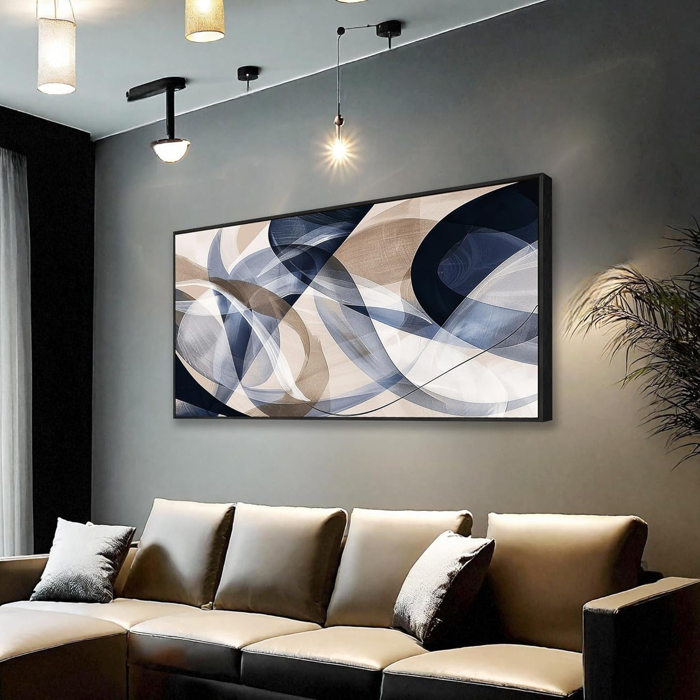 Modern Geometric Abstract Canvas Wall Art 48 x 24 inches Navy Blue and Beige Tones Canvas Painting Framed Home Artwork Living Room Decor for Bedroom Office Wall Decor